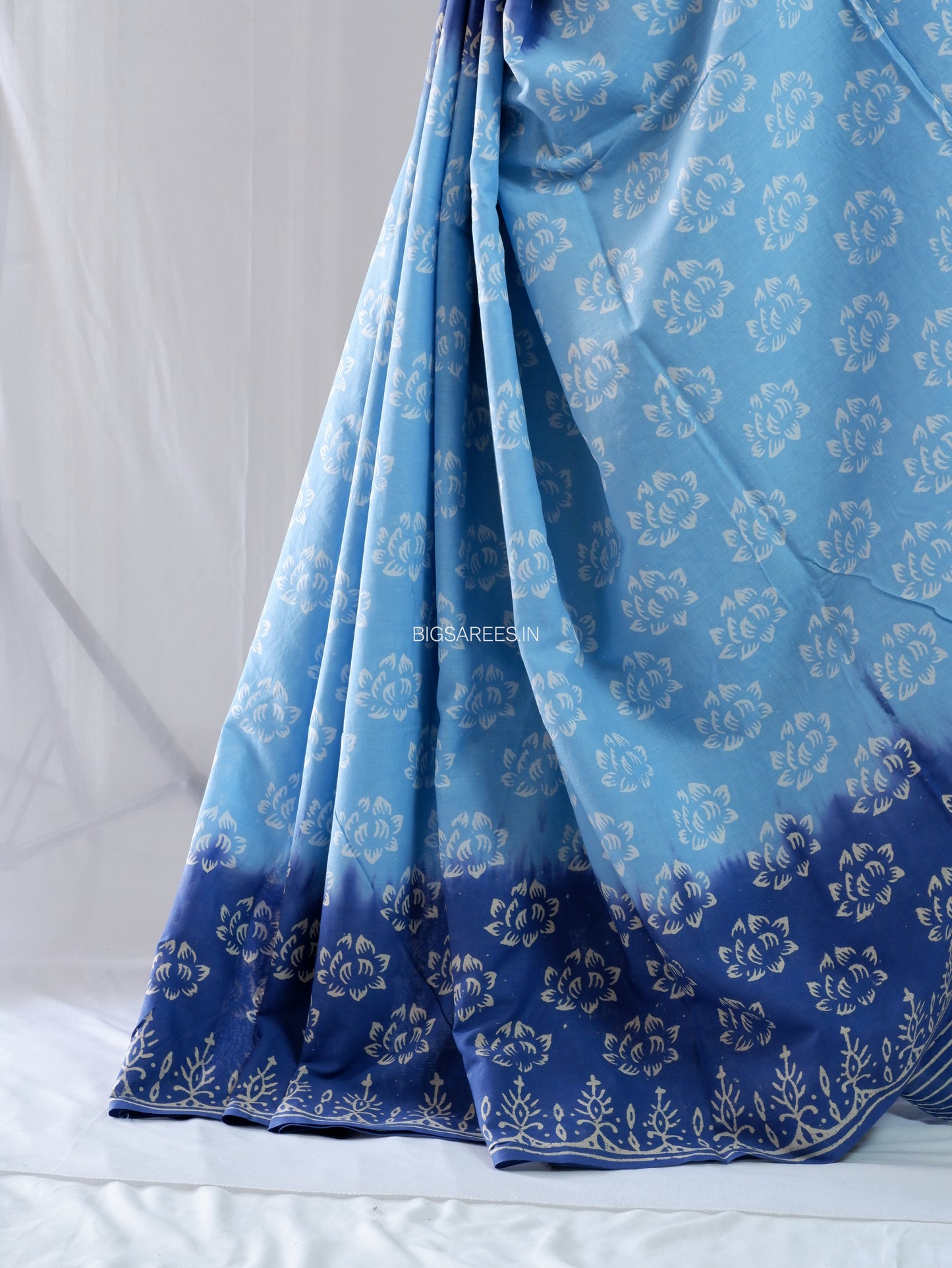 Hand Block Print Saree | Mal Mal Cotton | Indigo Blue- Sky Blue