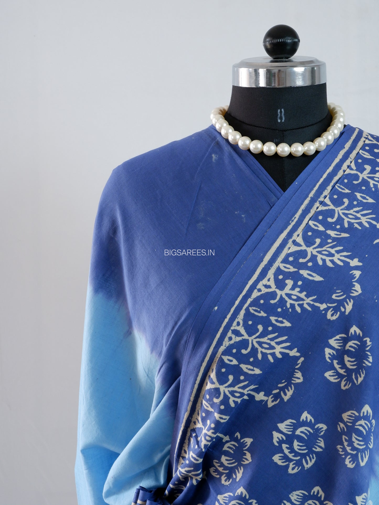 Hand Block Print Saree | Mal Mal Cotton | Indigo Blue- Sky Blue