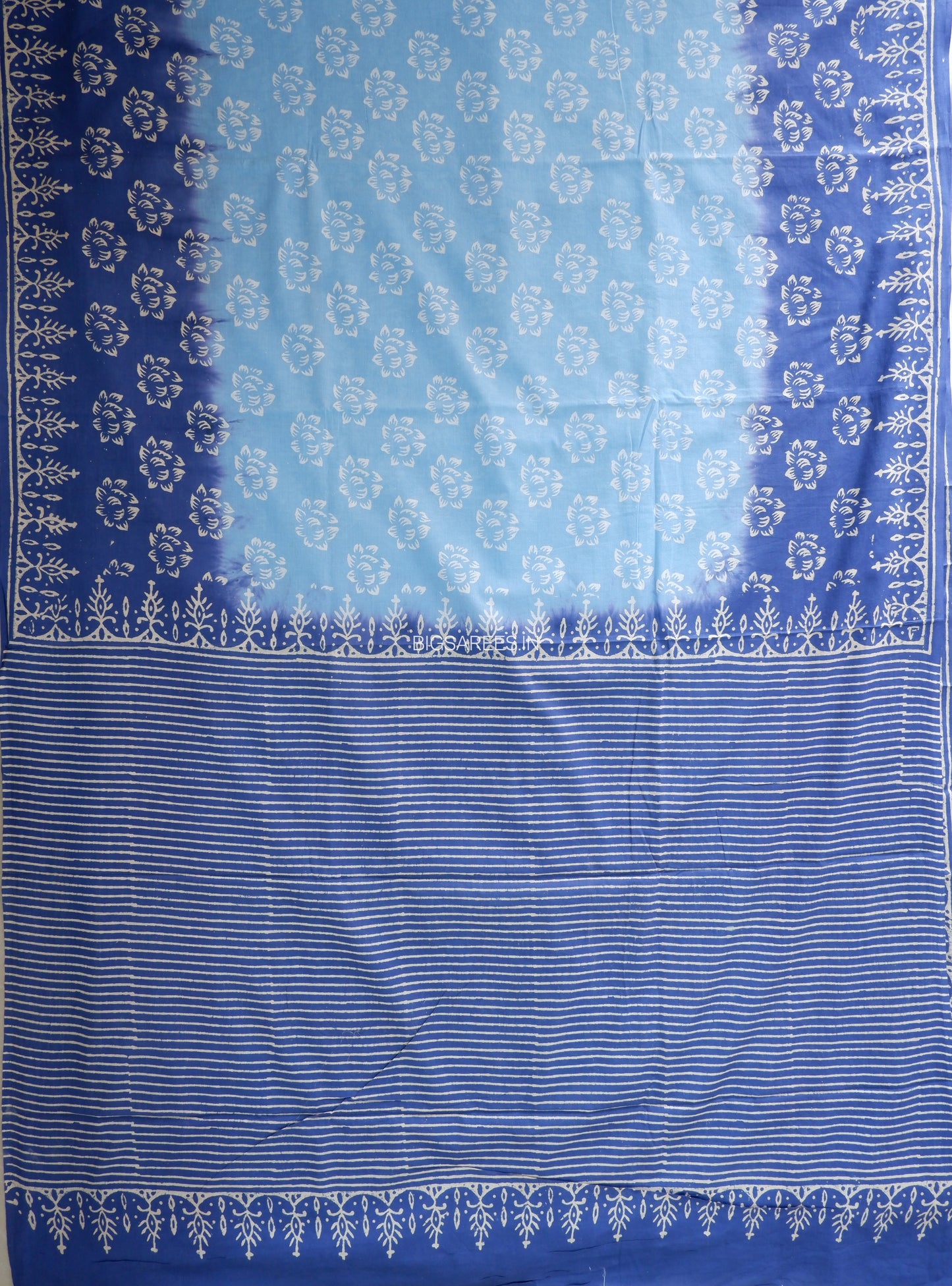 Hand Block Print Saree | Mal Mal Cotton | Indigo Blue- Sky Blue