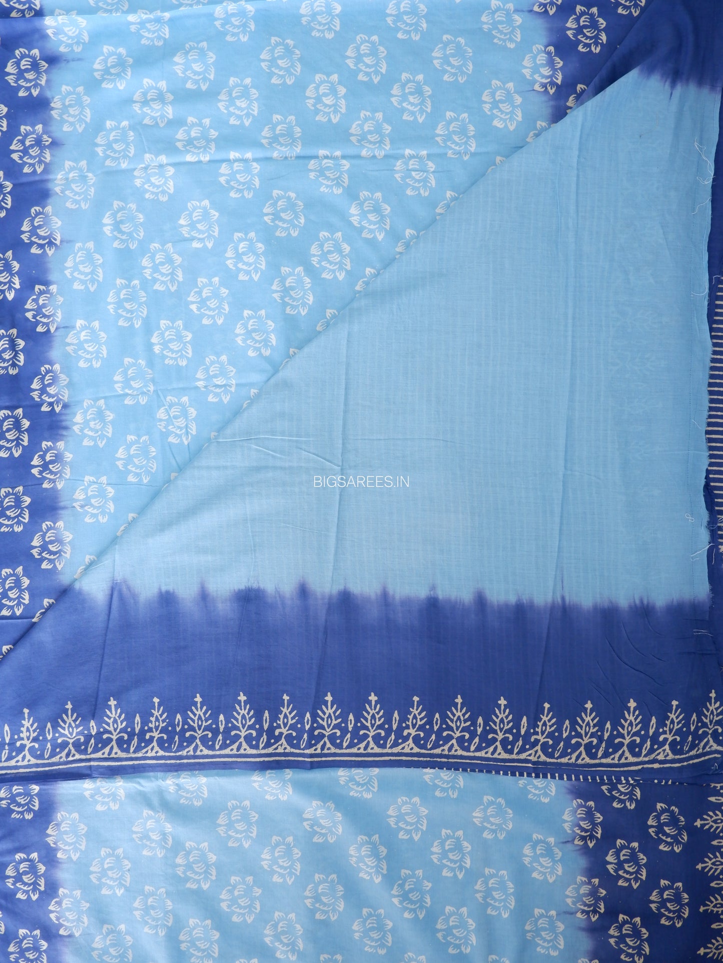 Hand Block Print Saree | Mal Mal Cotton | Indigo Blue- Sky Blue
