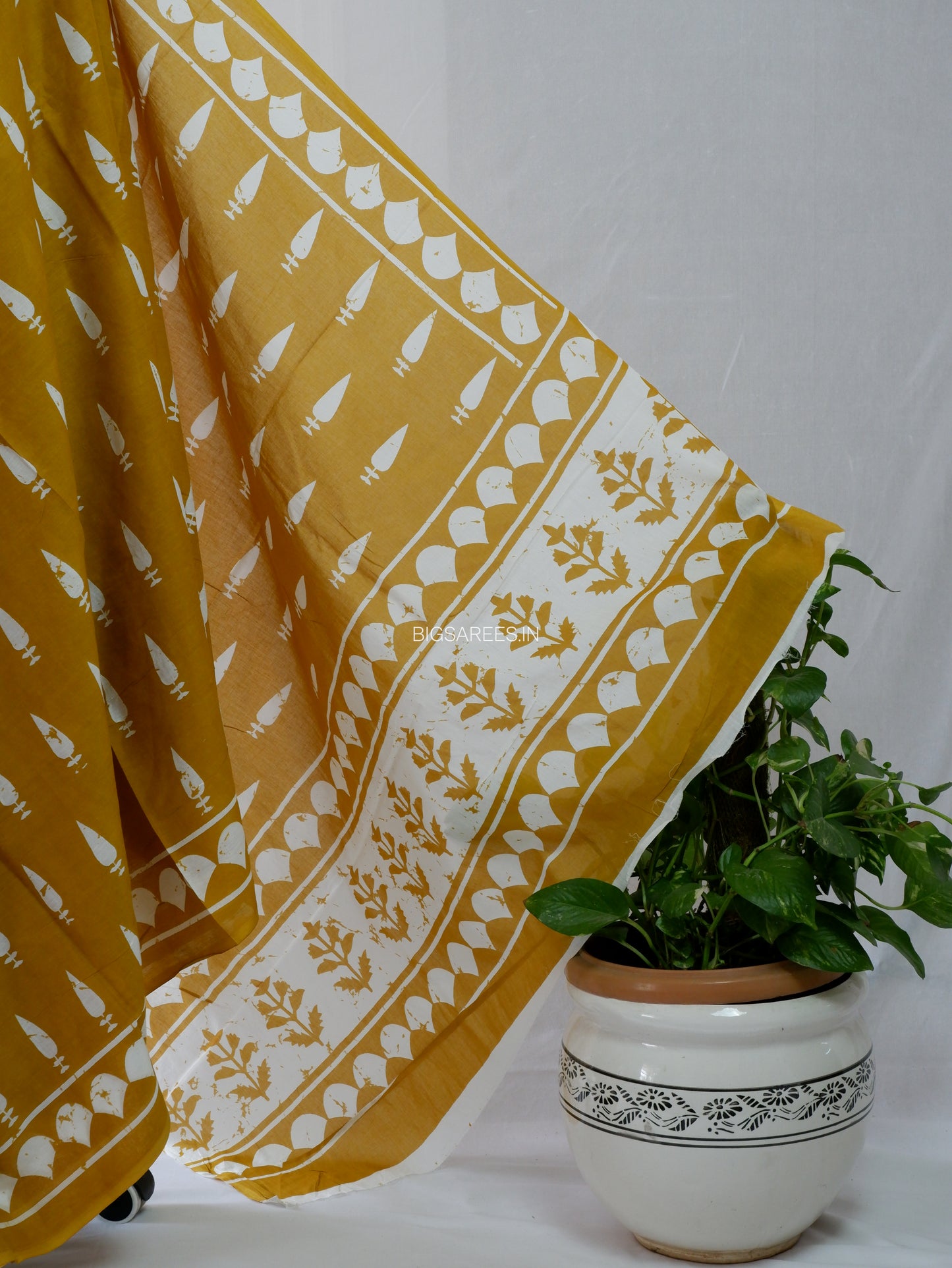 Hand Block Print Saree | Mal Mal Cotton | Mustard Yellow
