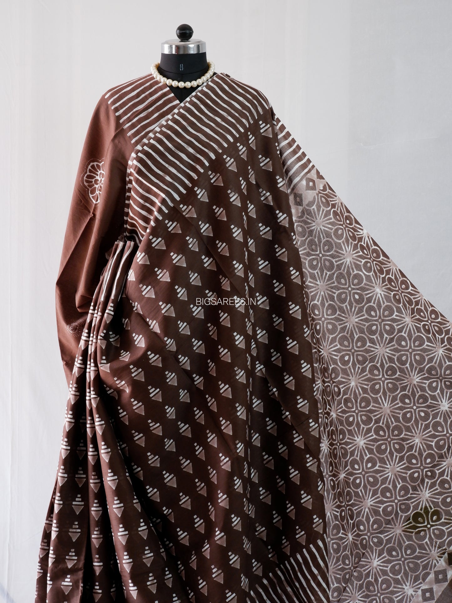 Hand Block Print Saree | Mal Mal Cotton | Chocolate Brown