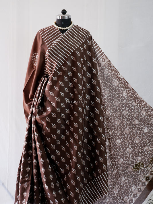 Hand Block Print Saree | Mal Mal Cotton | Chocolate Brown