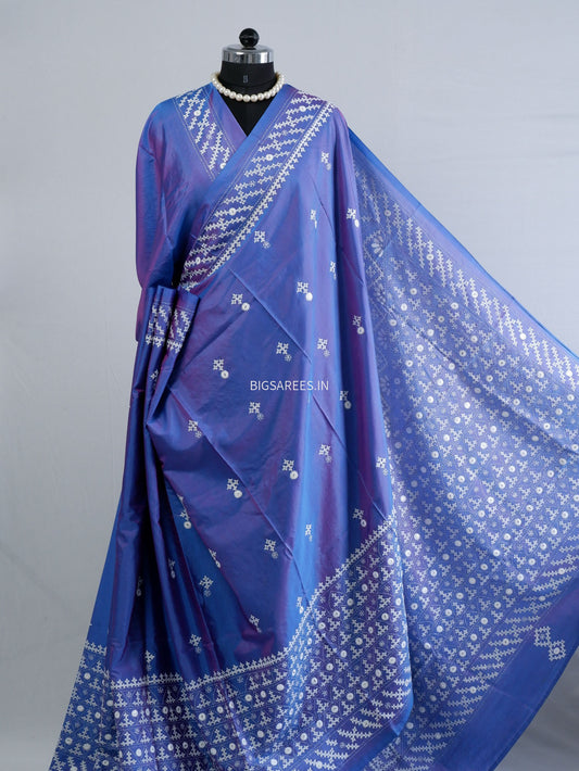 Kutchi/Gujarati Stitch Hand Embroidered Saree | Art Silk | Foil Mirror | Blue