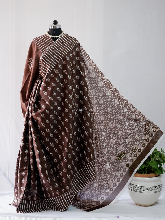 Hand Block Print Saree | Mal Mal Cotton | Chocolate Brown