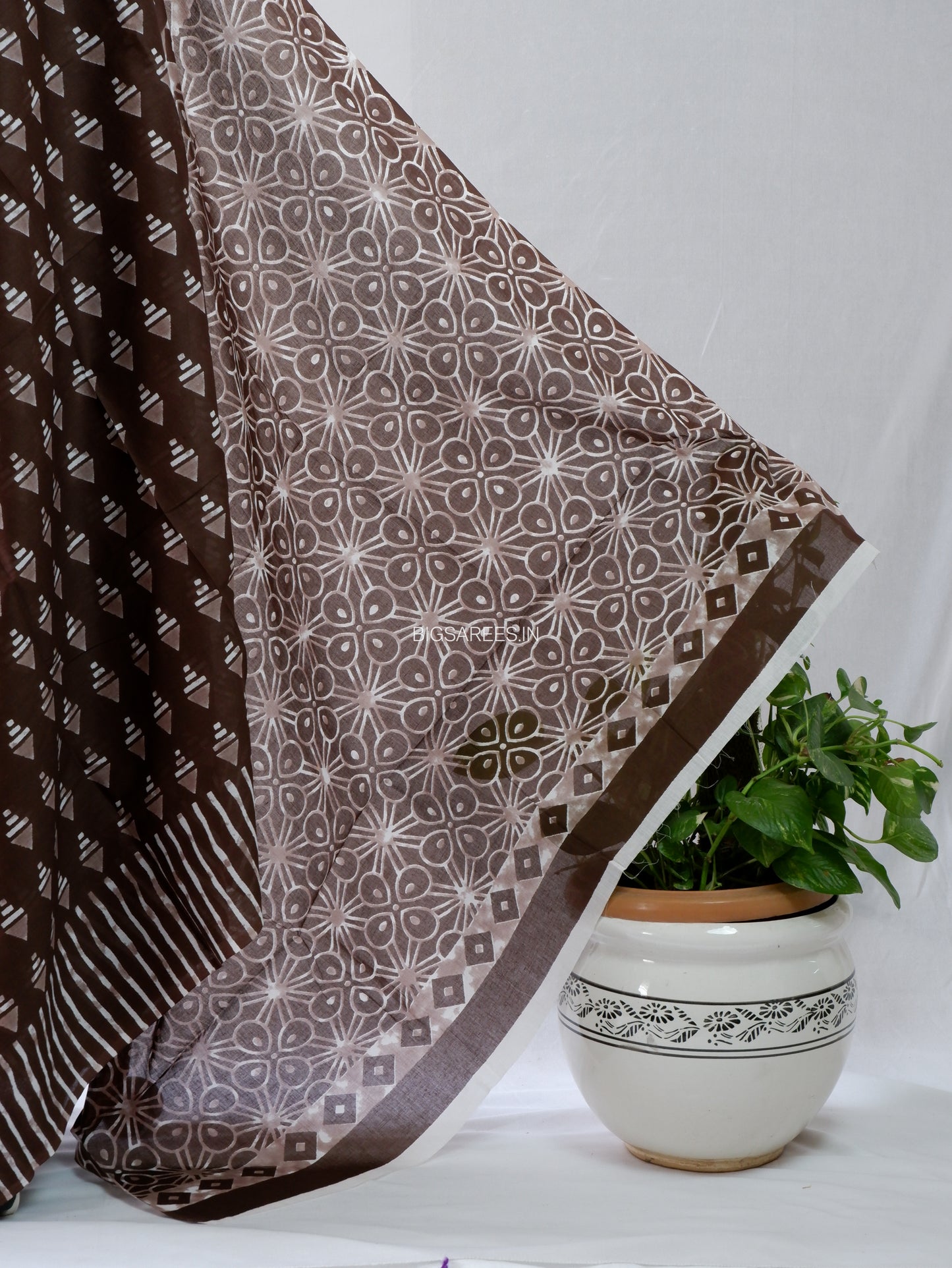Hand Block Print Saree | Mal Mal Cotton | Chocolate Brown