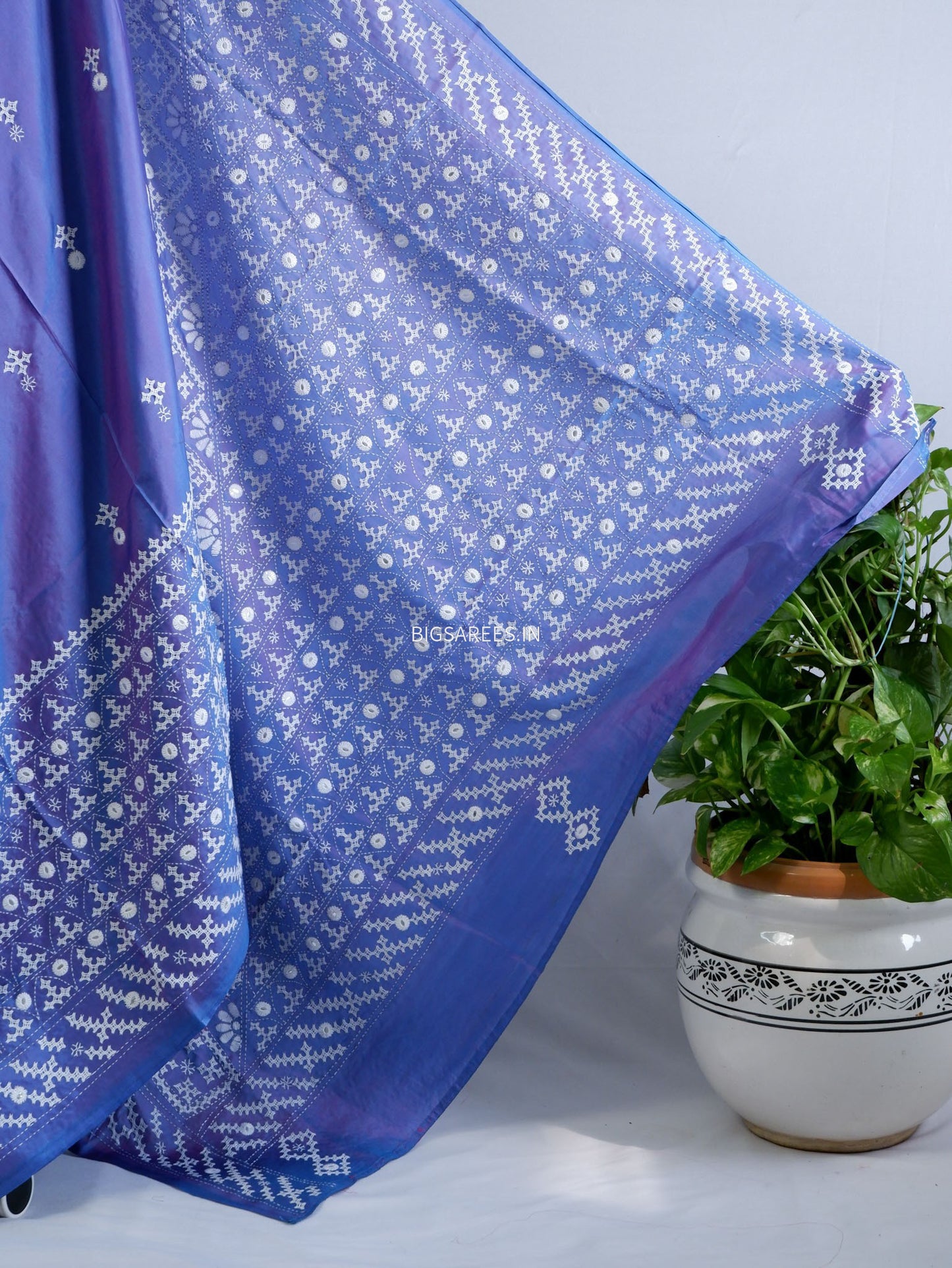 Kutchi/Gujarati Stitch Hand Embroidered Saree | Art Silk | Foil Mirror | Blue