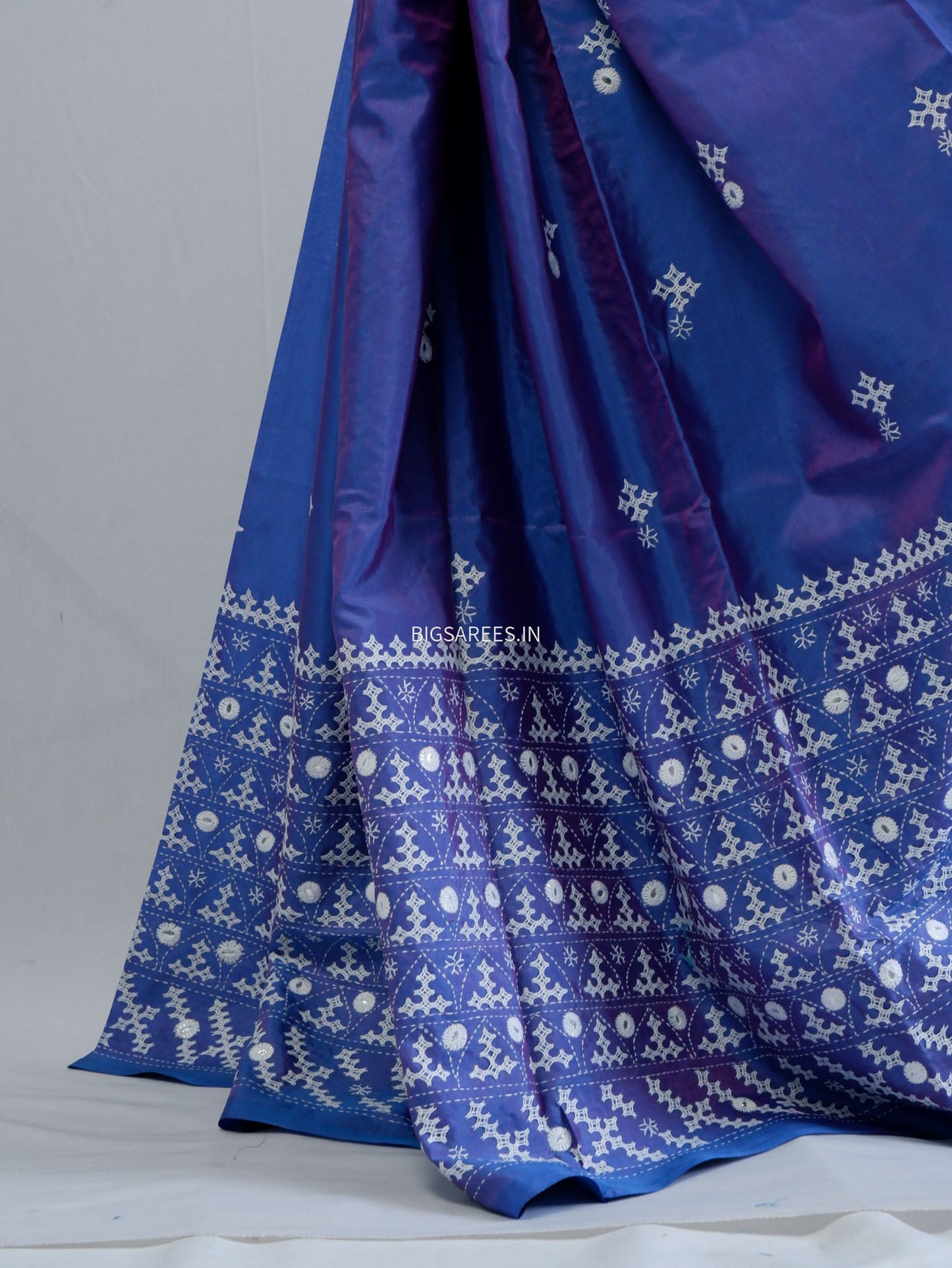 Kutchi/Gujarati Stitch Hand Embroidered Saree | Art Silk | Foil Mirror | Blue