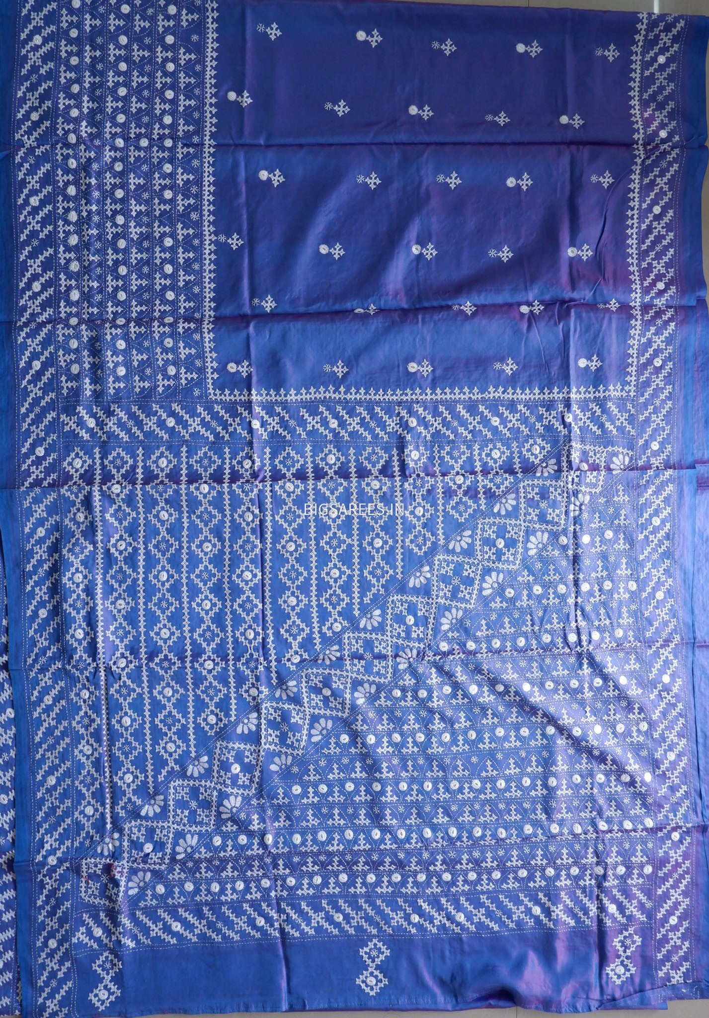 Kutchi/Gujarati Stitch Hand Embroidered Saree | Art Silk | Foil Mirror | Blue