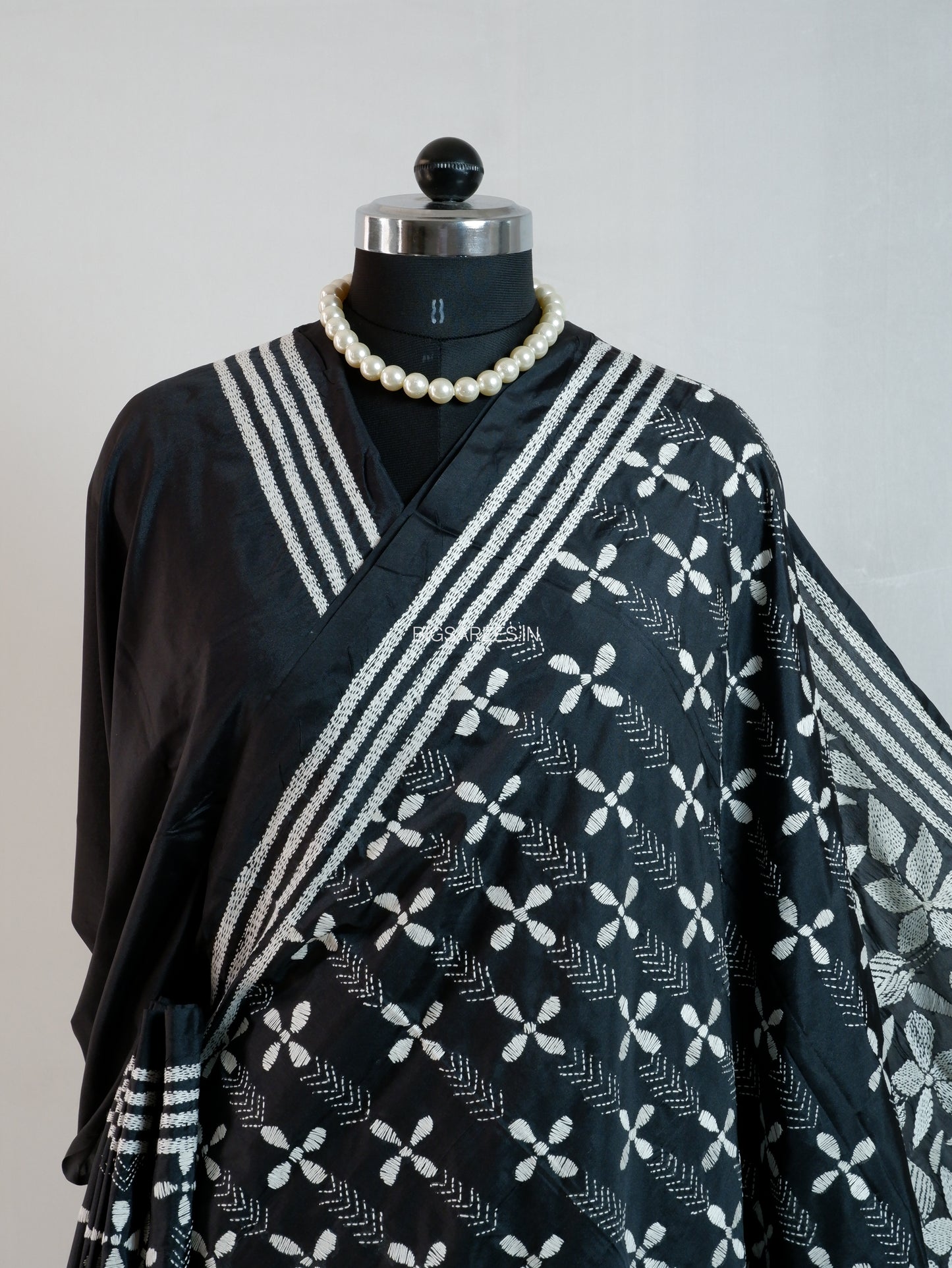 Kantha Stitch Hand Embroidered Saree| Blended Bangalore Silk / Art Silk | Black