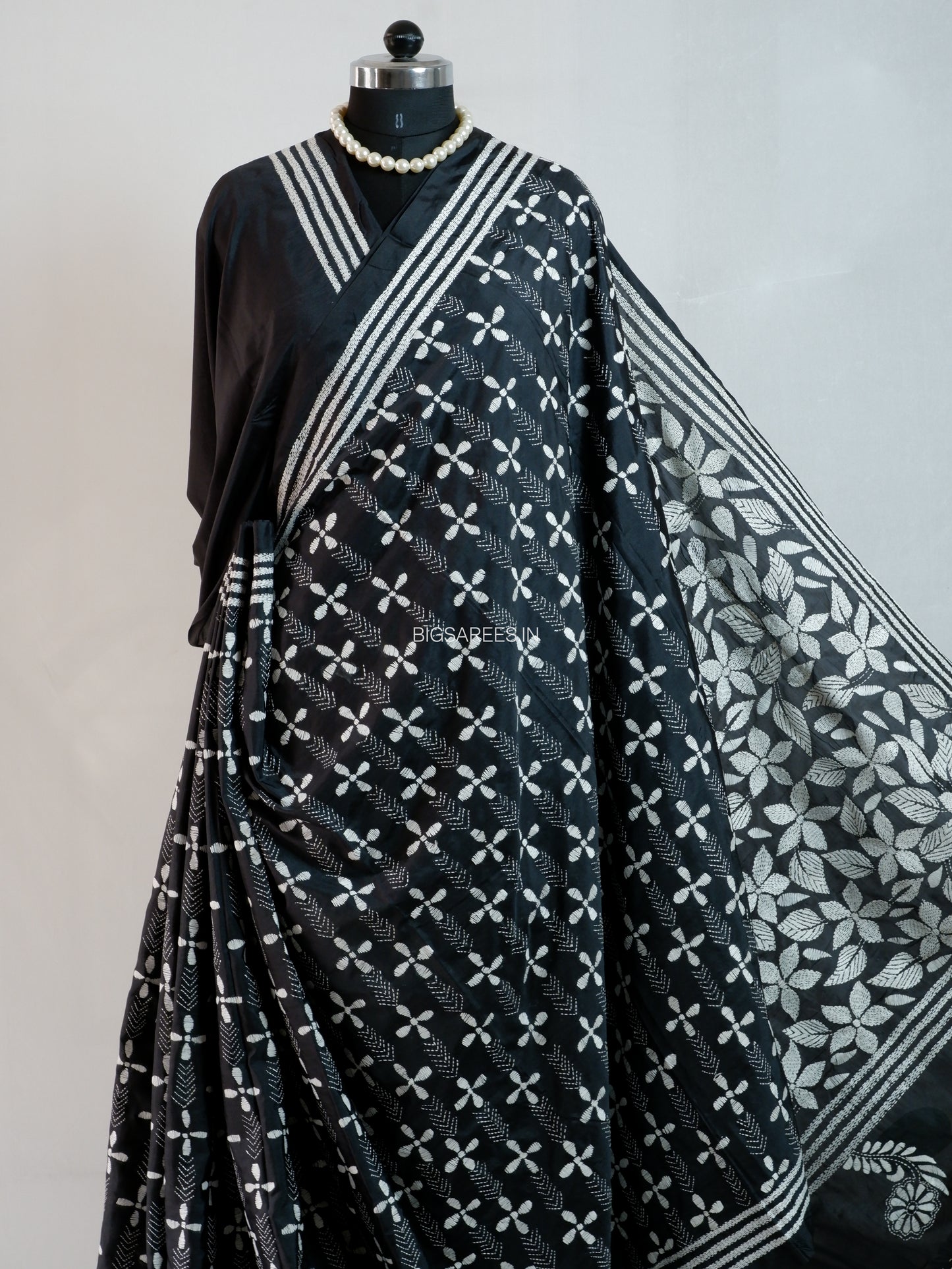 Kantha Stitch Hand Embroidered Saree| Blended Bangalore Silk / Art Silk | Black