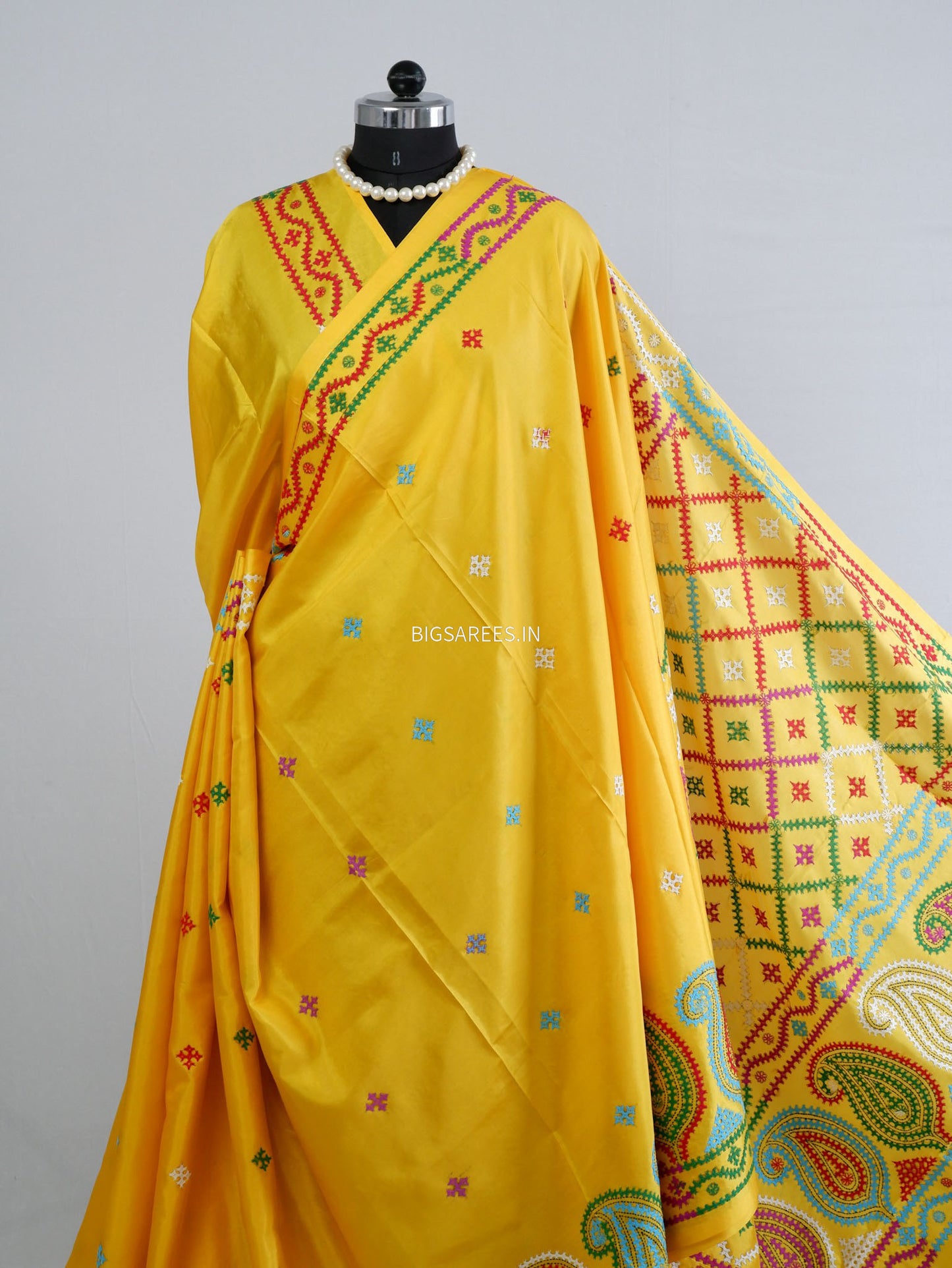 Kutchi/Gujarati Hand Embroidered Saree  | Blended Bangalore Silk / Art Silk | Yellow