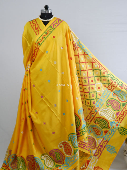 Kutchi/Gujarati Hand Embroidered Saree  | Blended Bangalore Silk / Art Silk | Yellow
