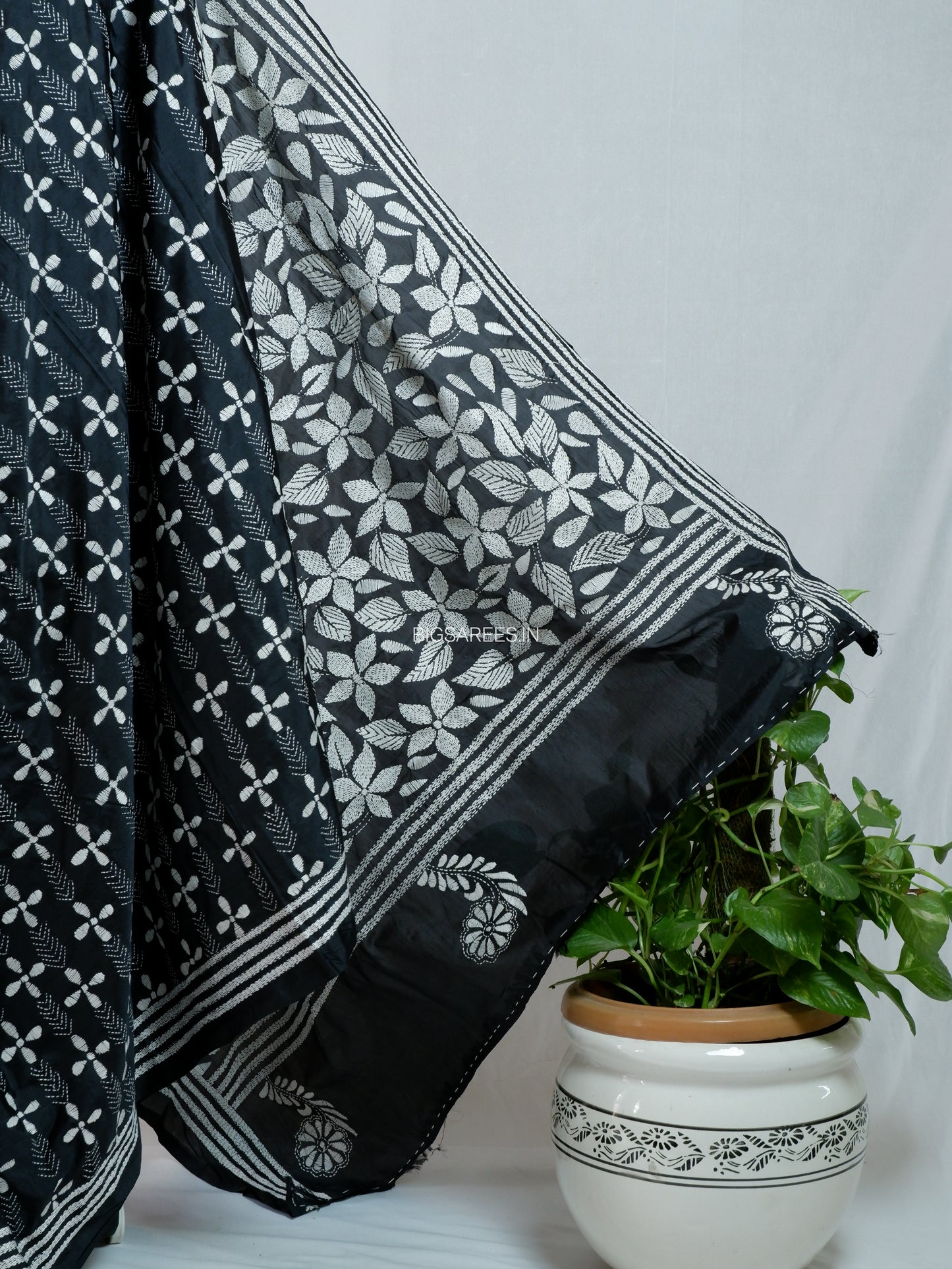 Kantha Stitch Hand Embroidered Saree| Blended Bangalore Silk / Art Silk | Black