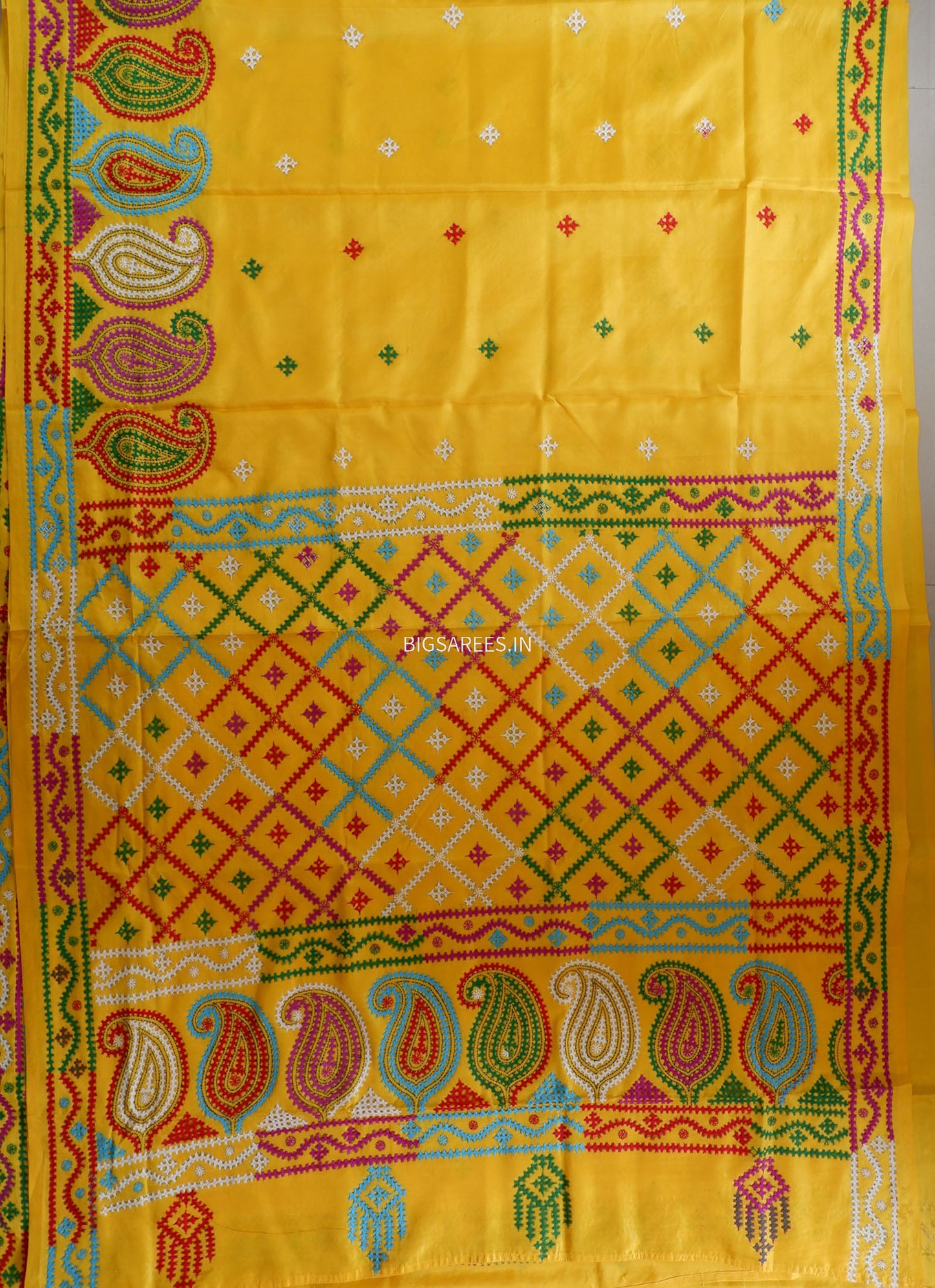 Kutchi/Gujarati Hand Embroidered Saree  | Blended Bangalore Silk / Art Silk | Yellow