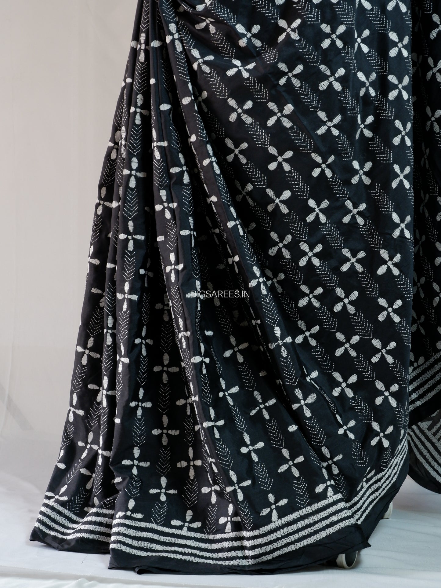 Kantha Stitch Hand Embroidered Saree| Blended Bangalore Silk / Art Silk | Black