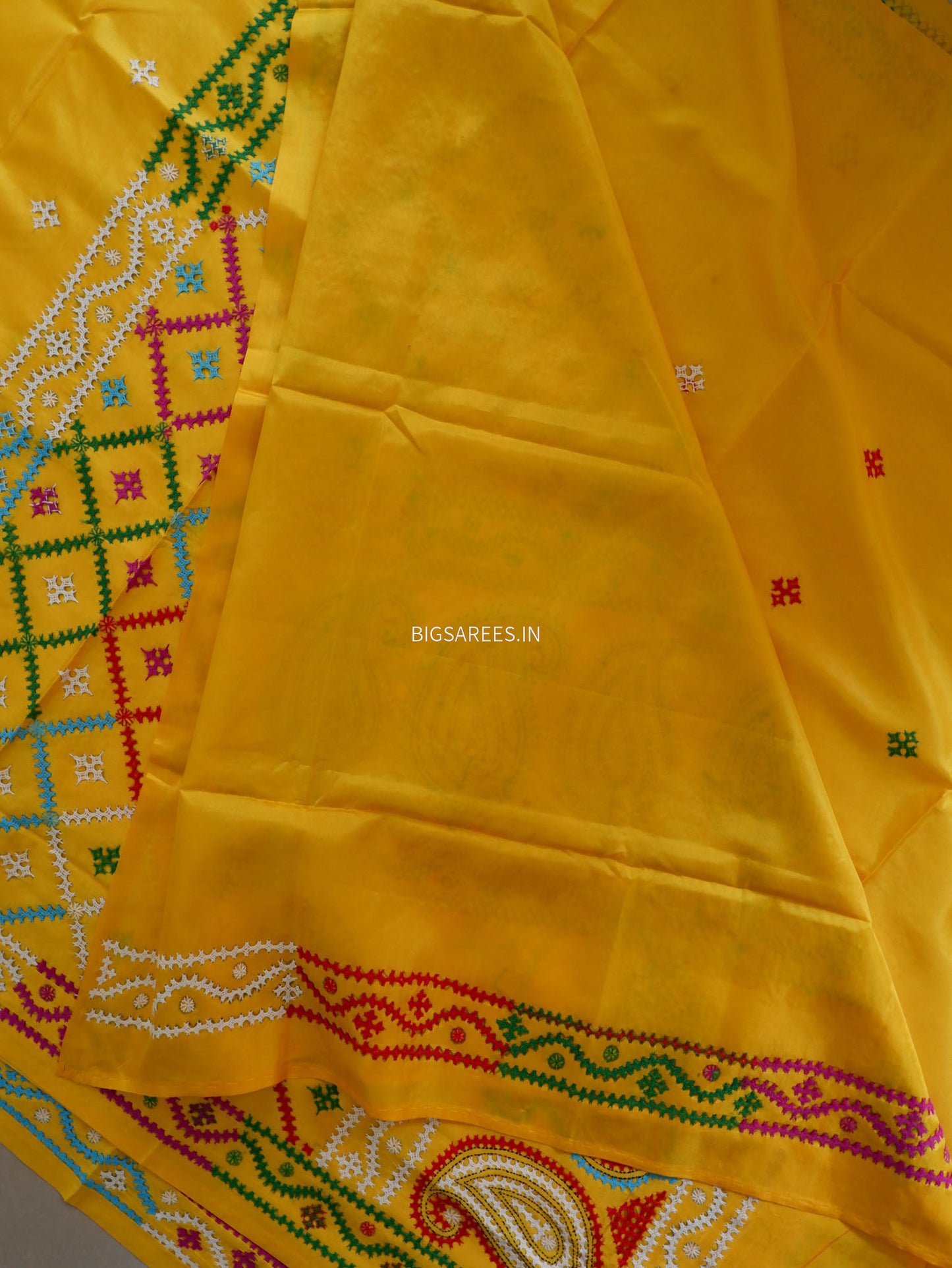 Kutchi/Gujarati Hand Embroidered Saree  | Blended Bangalore Silk / Art Silk | Yellow