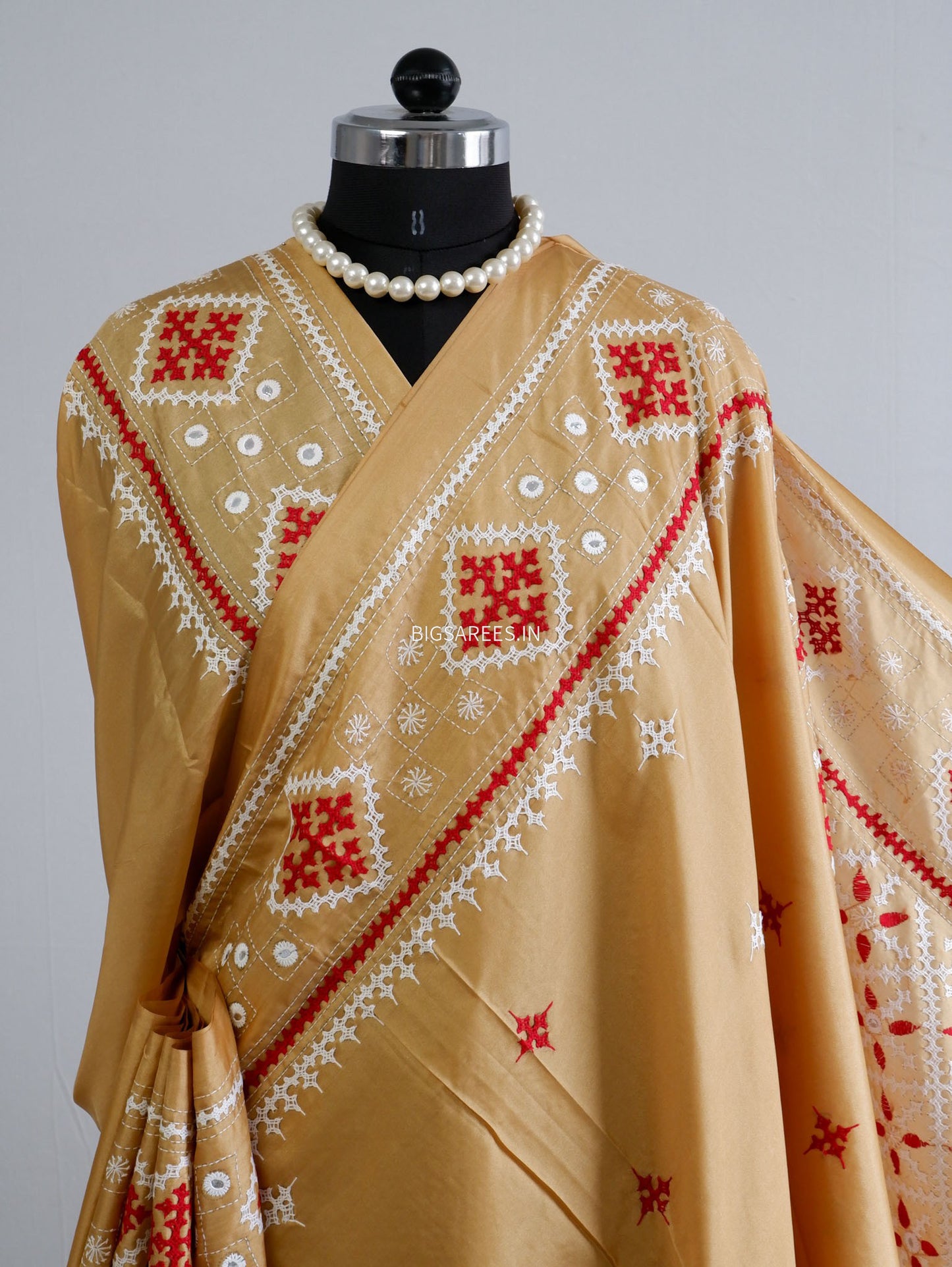 Kutchi/Gujarati Stitch Hand Embroidered Saree | Art Silk | Foil Mirror | Sand