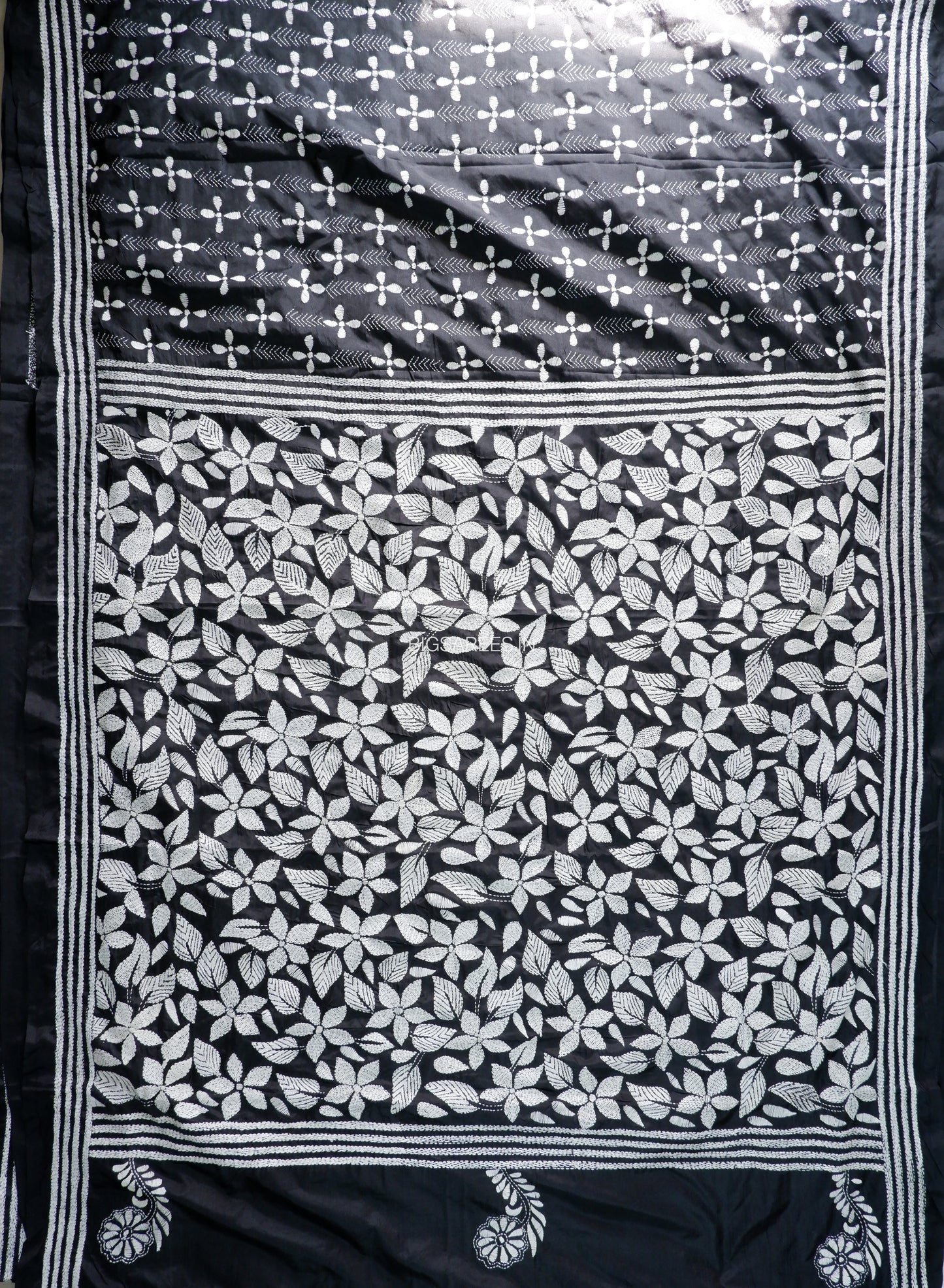 Kantha Stitch Hand Embroidered Saree| Blended Bangalore Silk / Art Silk | Black