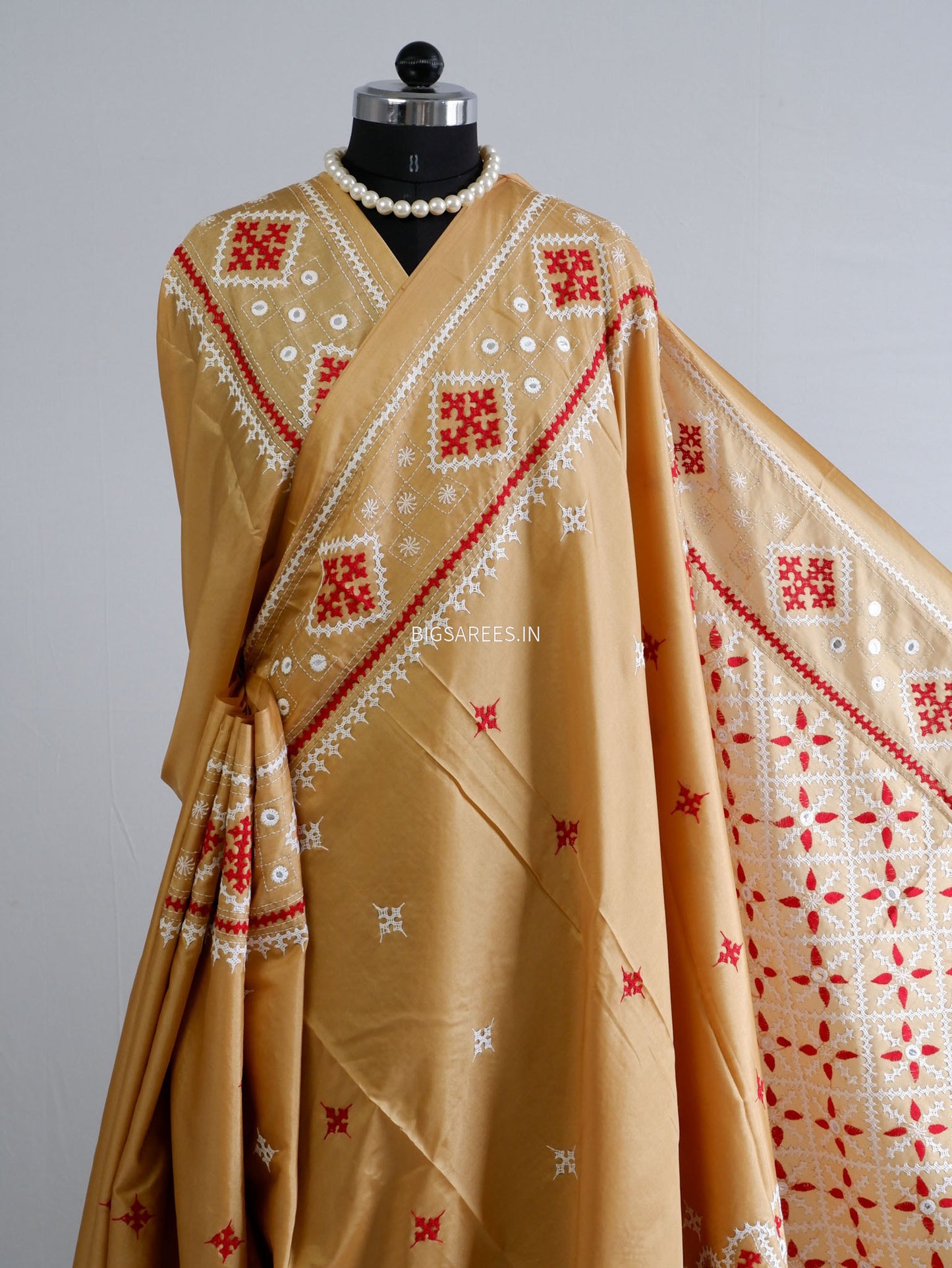 Kutchi/Gujarati Stitch Hand Embroidered Saree | Art Silk | Foil Mirror | Sand