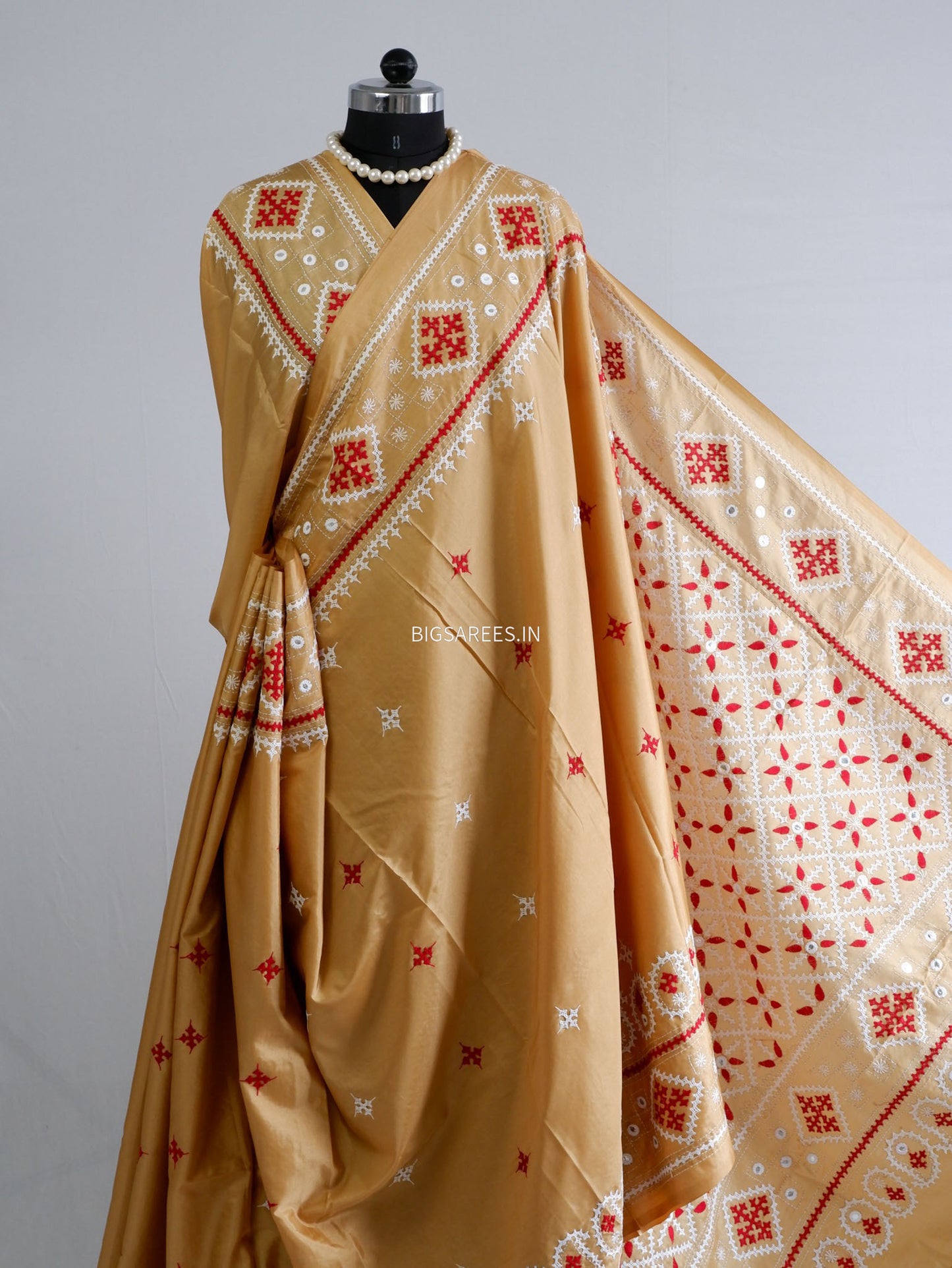 Kutchi/Gujarati Stitch Hand Embroidered Saree | Art Silk | Foil Mirror | Sand