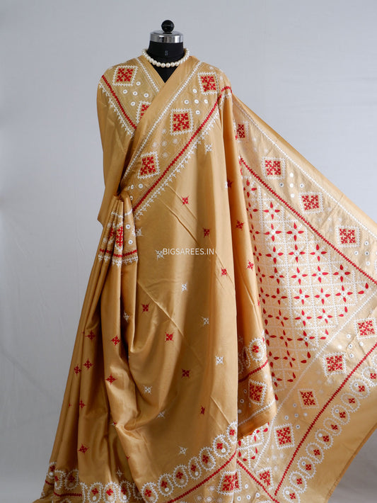 Kutchi/Gujarati Stitch Hand Embroidered Saree | Art Silk | Foil Mirror | Sand
