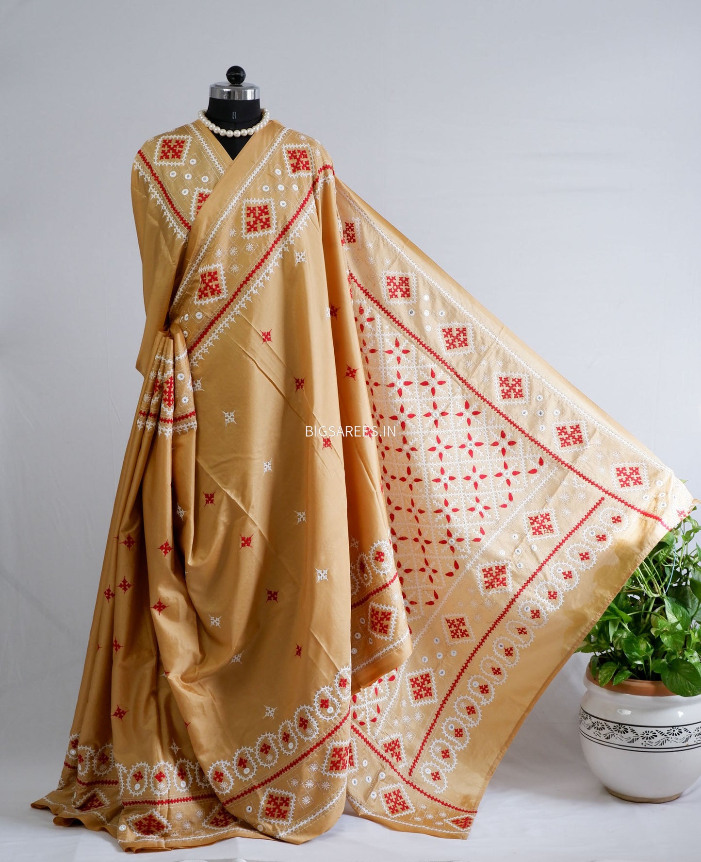 Kutchi/Gujarati Stitch Hand Embroidered Saree | Art Silk | Foil Mirror | Sand