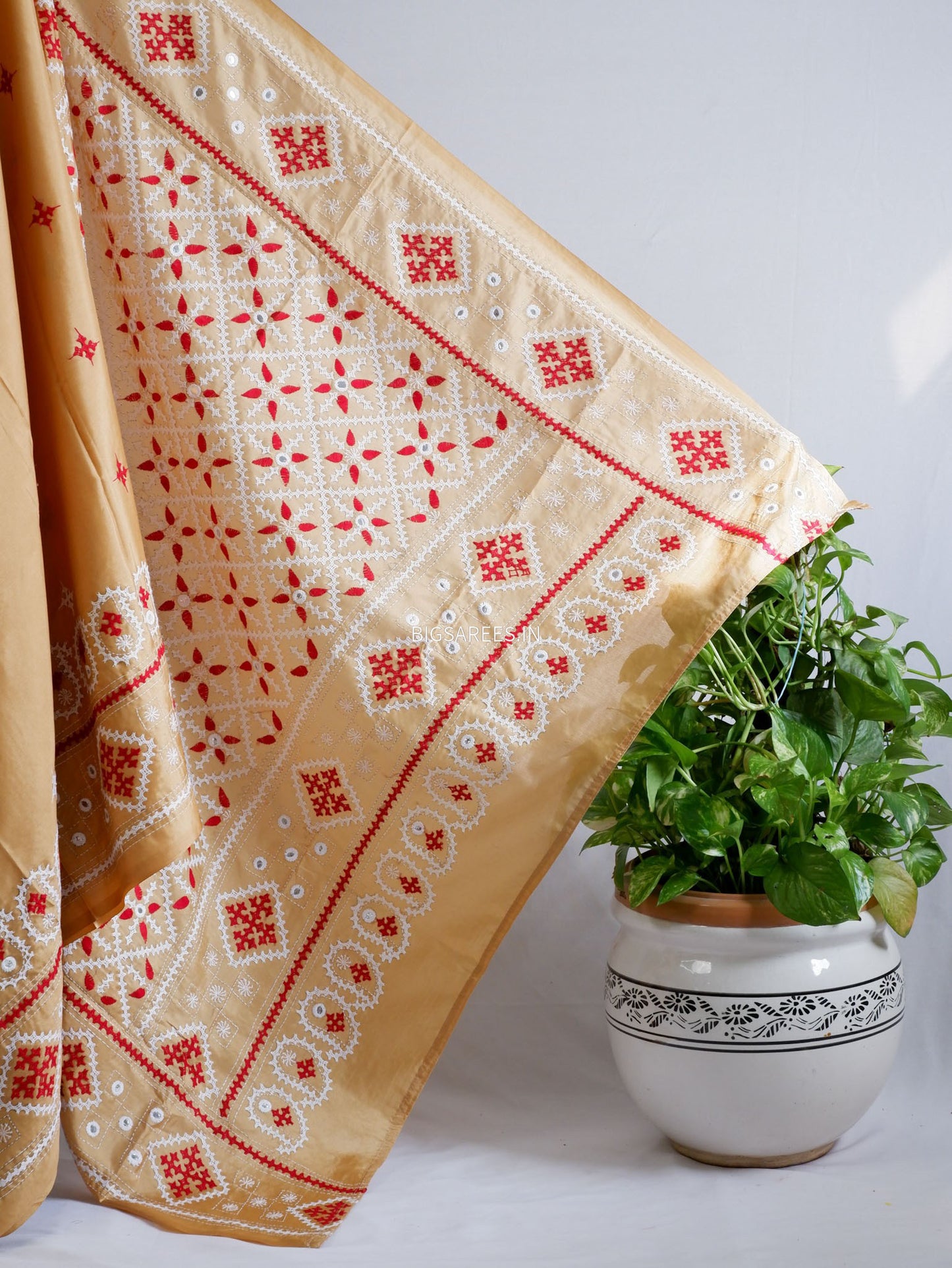 Kutchi/Gujarati Stitch Hand Embroidered Saree | Art Silk | Foil Mirror | Sand