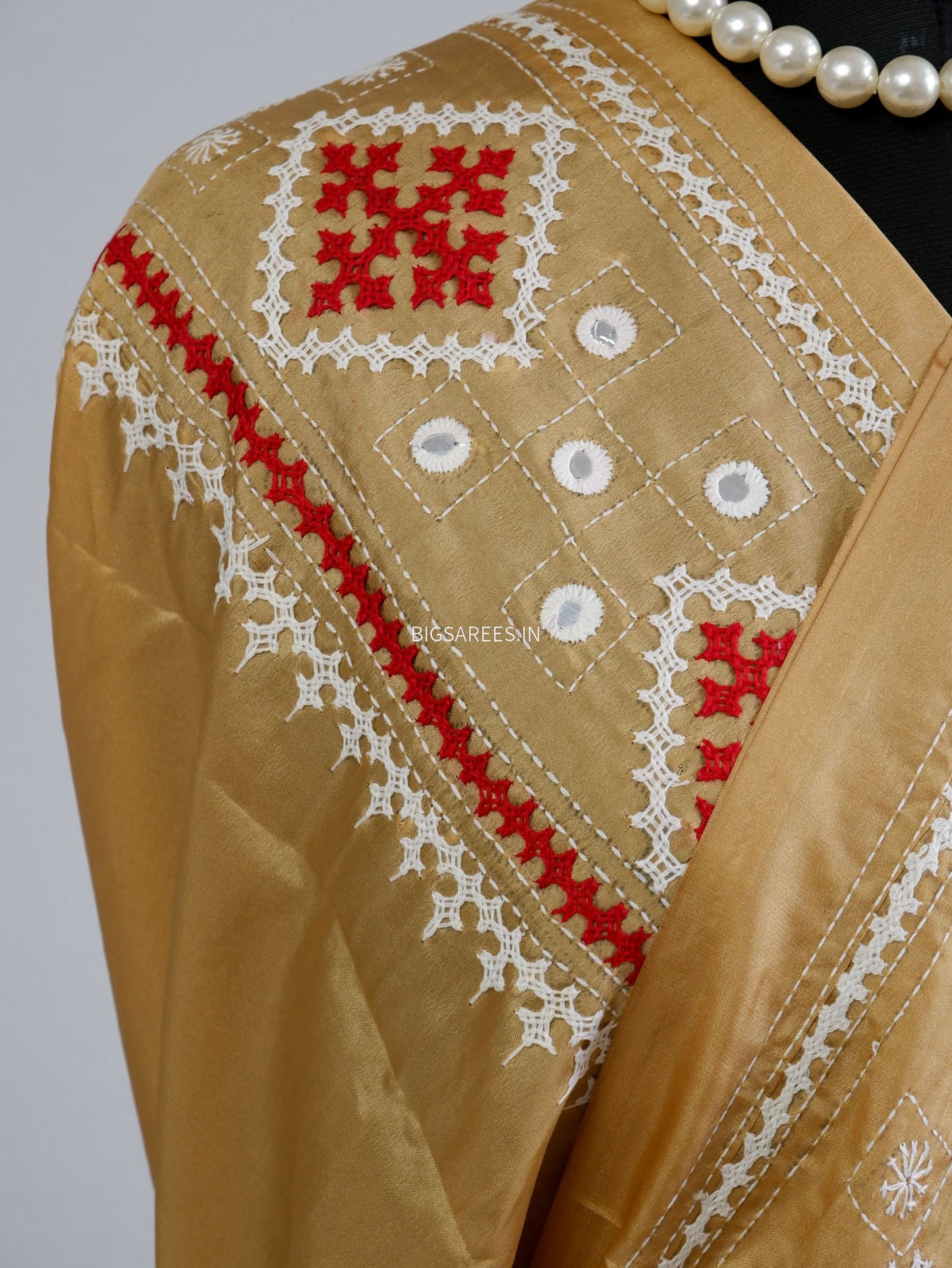 Kutchi/Gujarati Stitch Hand Embroidered Saree | Art Silk | Foil Mirror | Sand