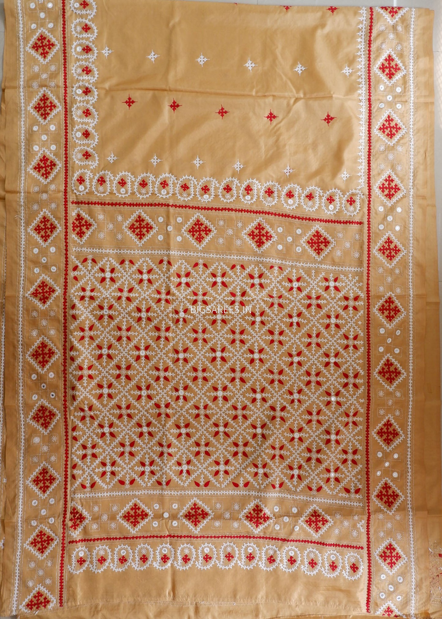 Kutchi/Gujarati Stitch Hand Embroidered Saree | Art Silk | Foil Mirror | Sand