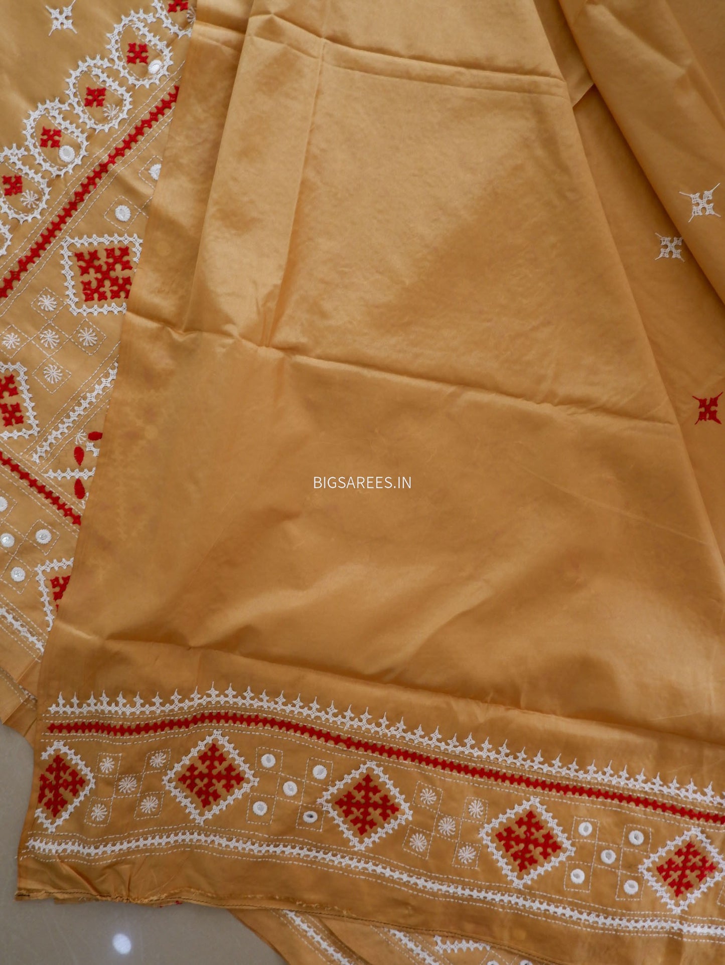 Kutchi/Gujarati Stitch Hand Embroidered Saree | Art Silk | Foil Mirror | Sand