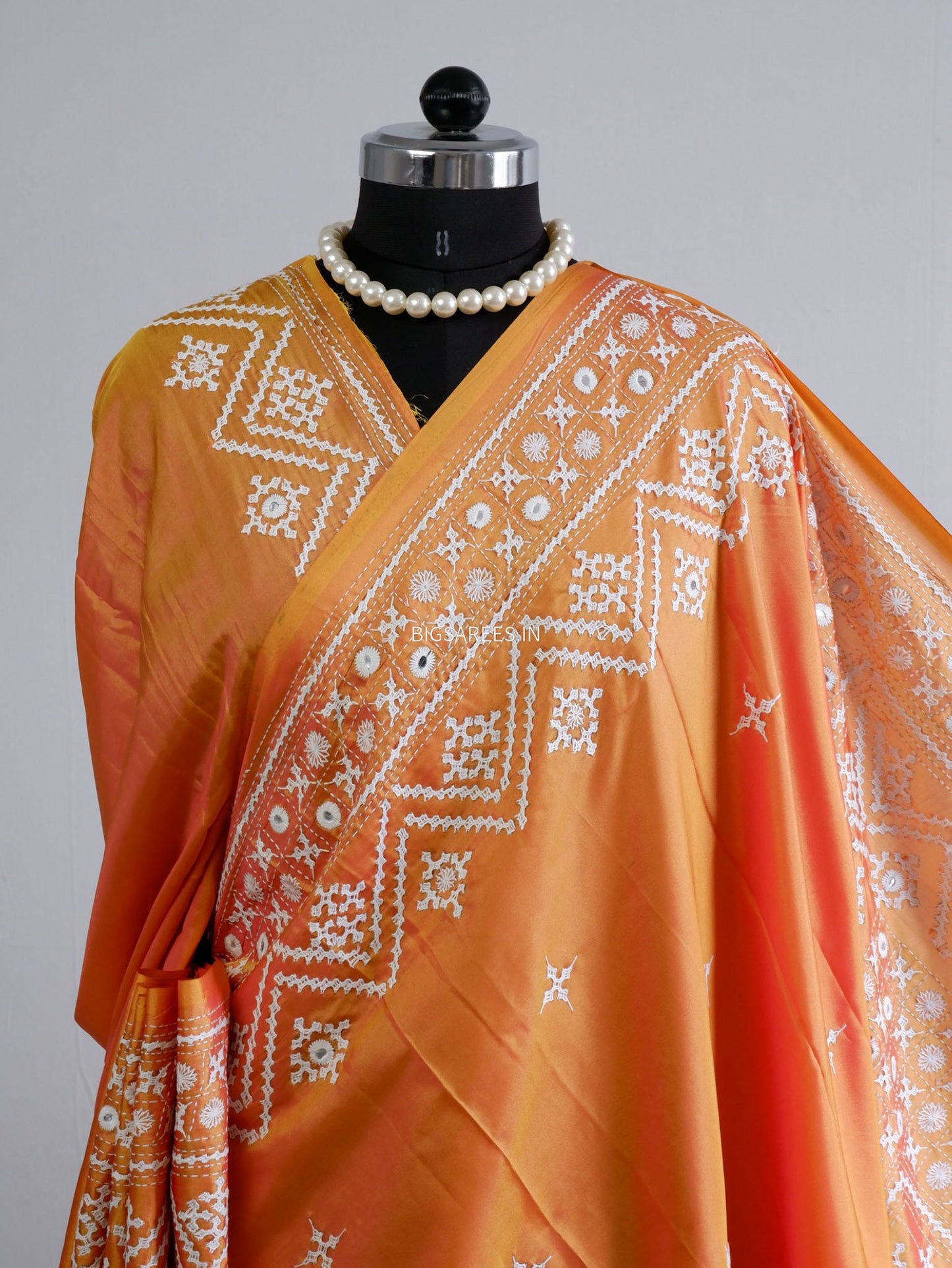 Kutchi/Gujarati Stitch Hand Embroidered Saree | Art Silk | Foil Mirror | Orange (Dual Tone)