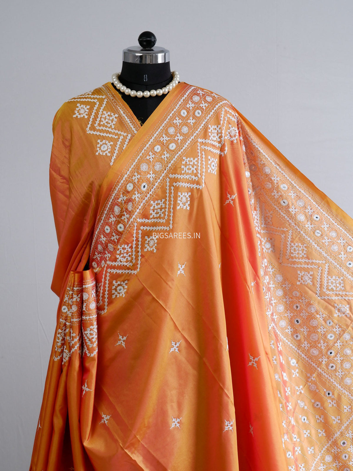 Kutchi/Gujarati Stitch Hand Embroidered Saree | Art Silk | Foil Mirror | Orange (Dual Tone)