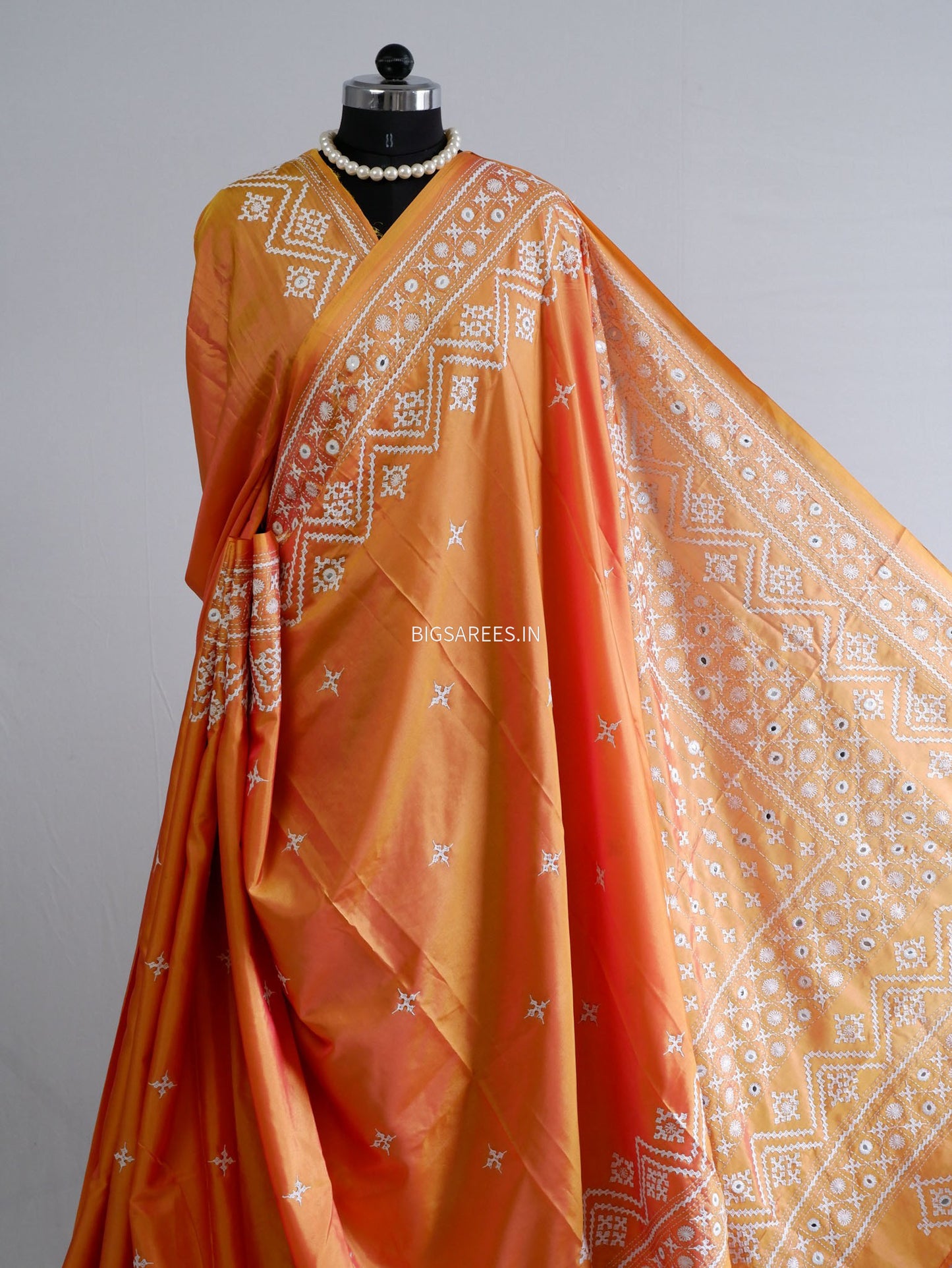 Kutchi/Gujarati Stitch Hand Embroidered Saree | Art Silk | Foil Mirror | Orange (Dual Tone)
