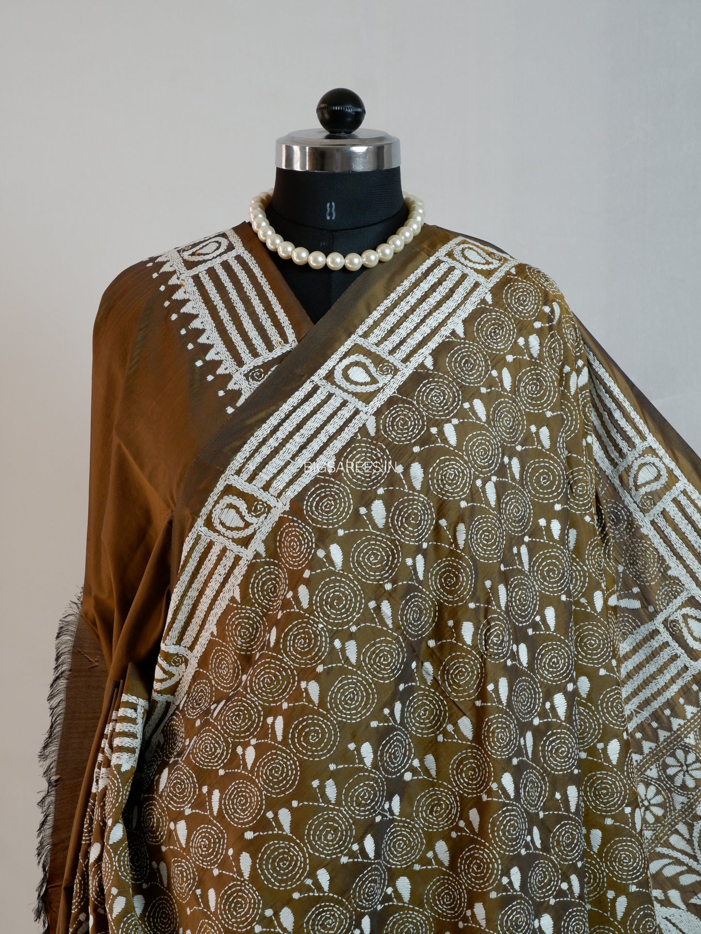 Kantha Stitch Hand Embroidered Saree | Blended Bangalore Silk/Art Silk | Bronze