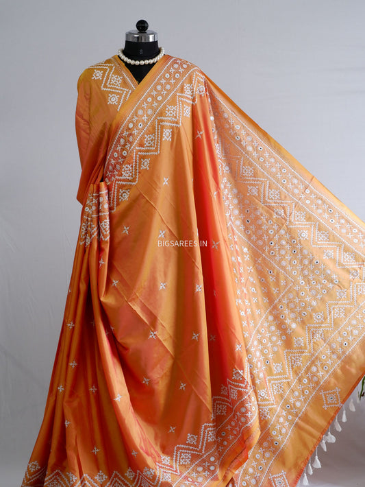 Kutchi/Gujarati Stitch Hand Embroidered Saree | Art Silk | Foil Mirror | Orange (Dual Tone)