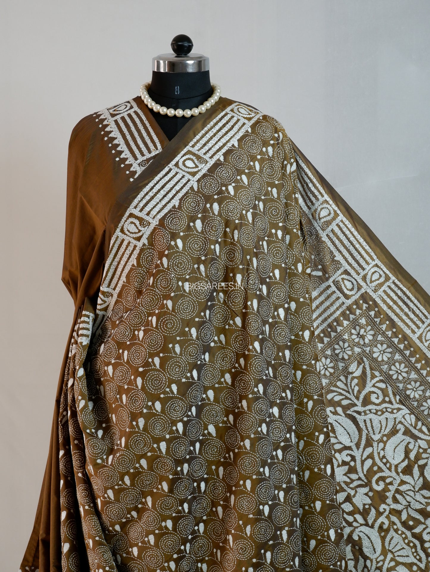 Kantha Stitch Hand Embroidered Saree | Blended Bangalore Silk/Art Silk | Bronze