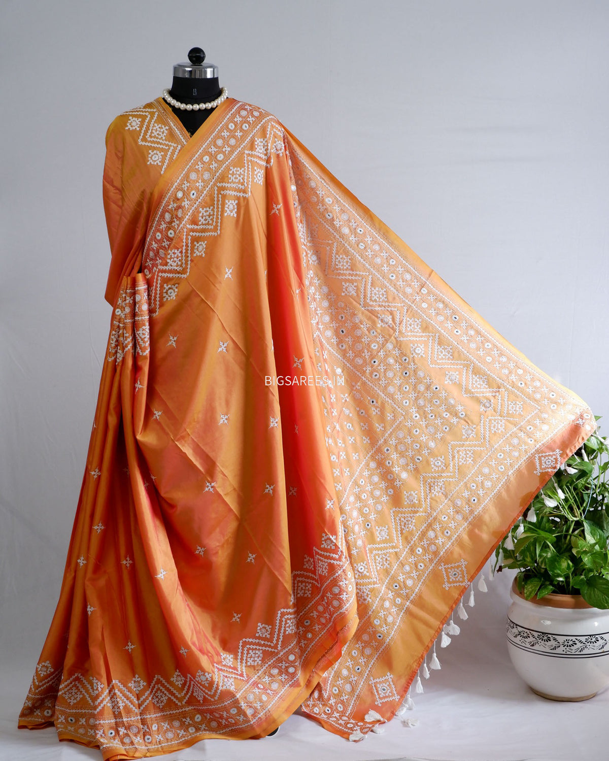 Kutchi/Gujarati Stitch Hand Embroidered Saree | Art Silk | Foil Mirror | Orange (Dual Tone)