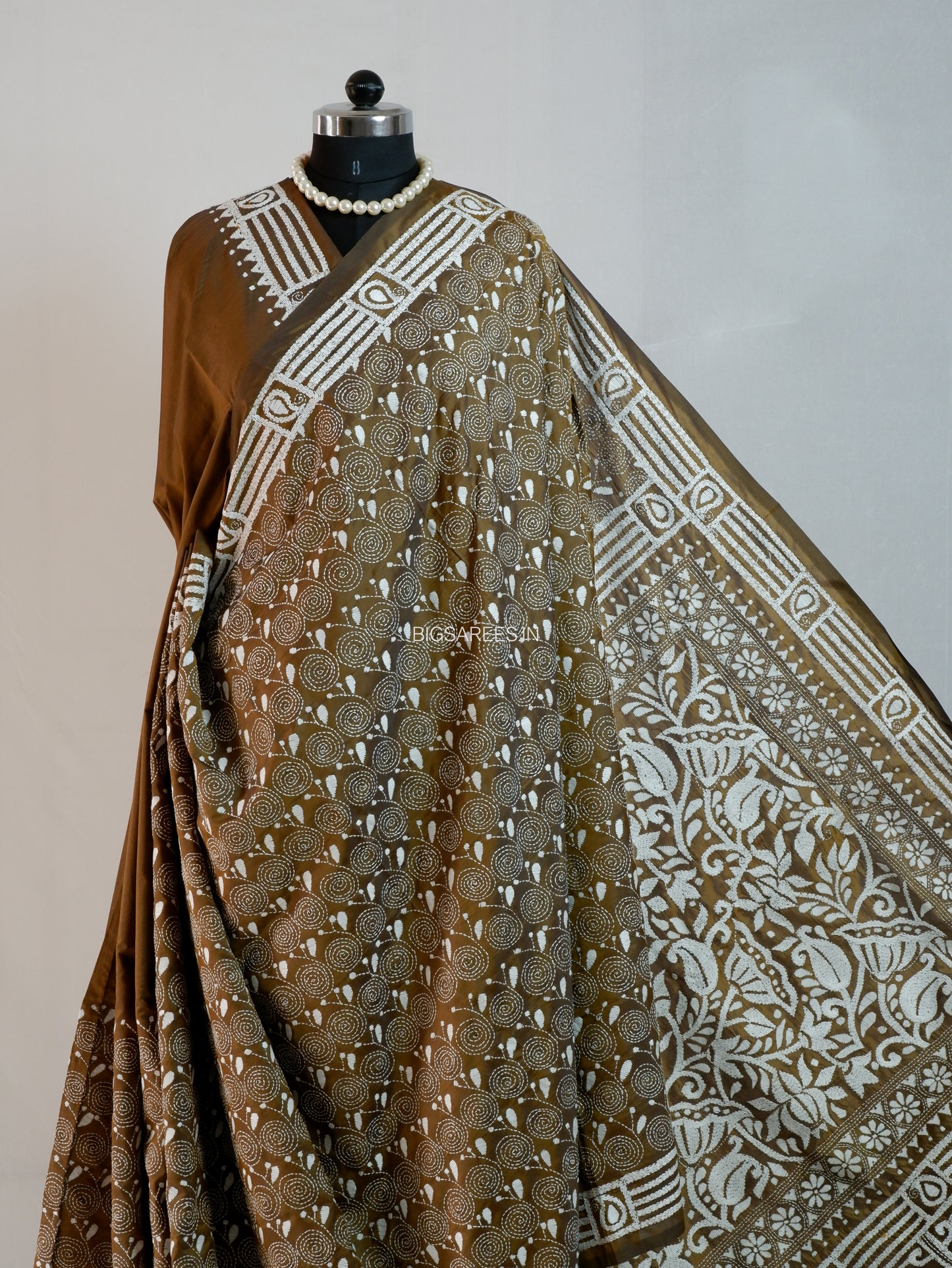 Kantha Stitch Hand Embroidered Saree | Blended Bangalore Silk/Art Silk | Bronze