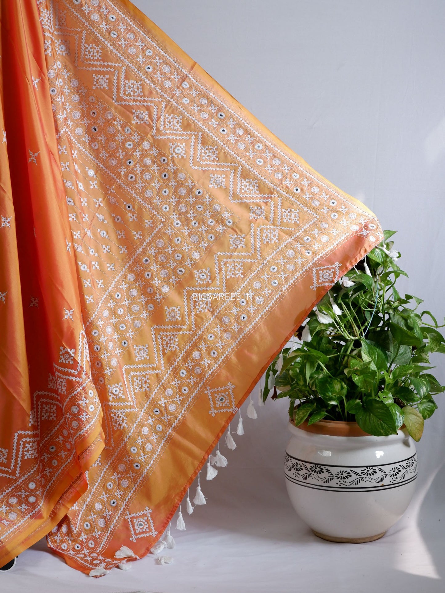 Kutchi/Gujarati Stitch Hand Embroidered Saree | Art Silk | Foil Mirror | Orange (Dual Tone)