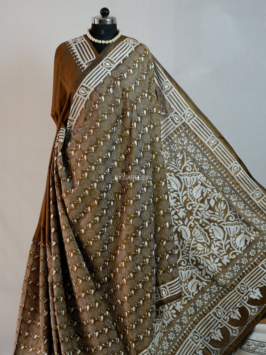 Kantha Stitch Hand Embroidered Saree | Blended Bangalore Silk/Art Silk | Bronze