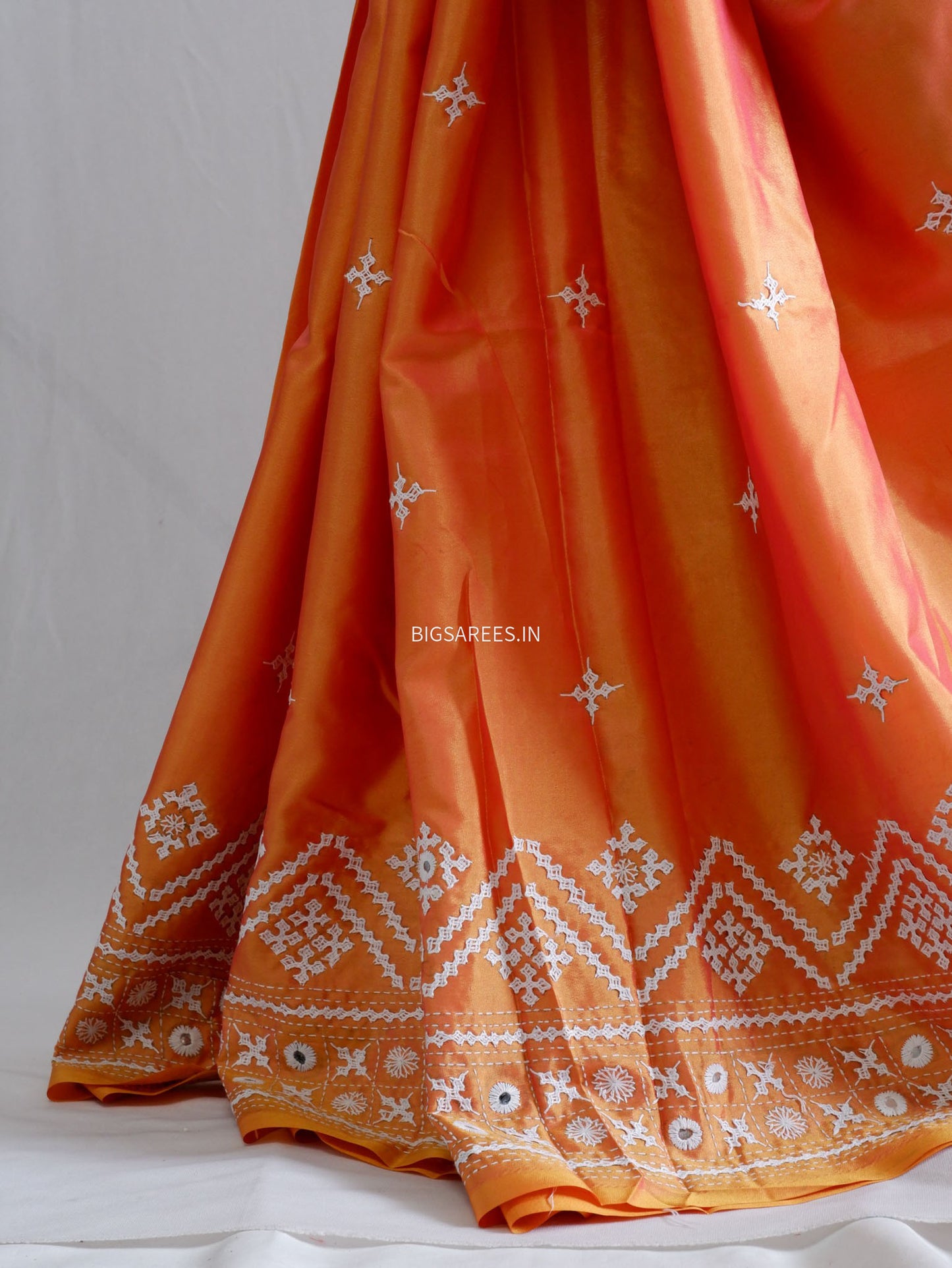 Kutchi/Gujarati Stitch Hand Embroidered Saree | Art Silk | Foil Mirror | Orange (Dual Tone)