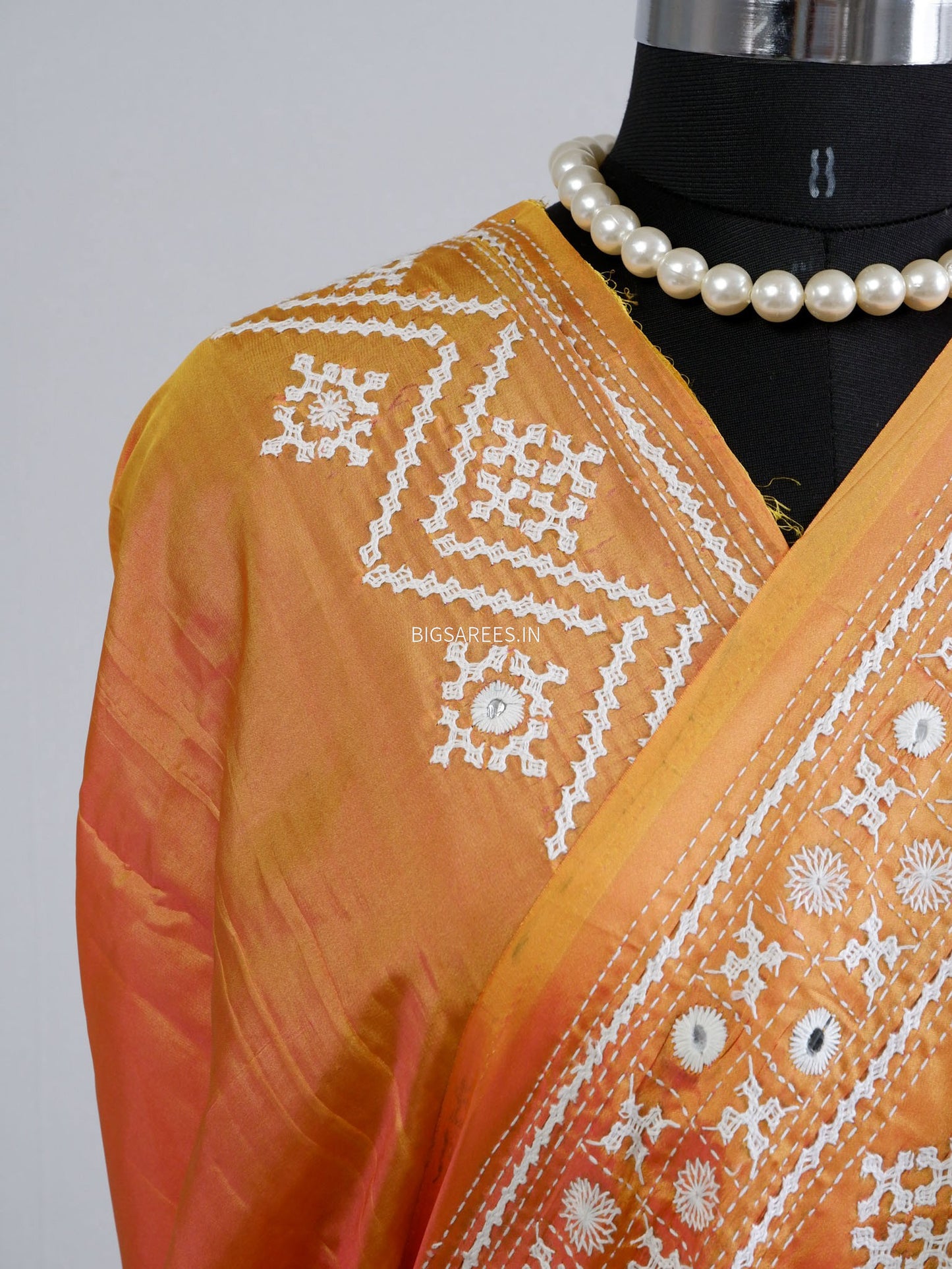 Kutchi/Gujarati Stitch Hand Embroidered Saree | Art Silk | Foil Mirror | Orange (Dual Tone)