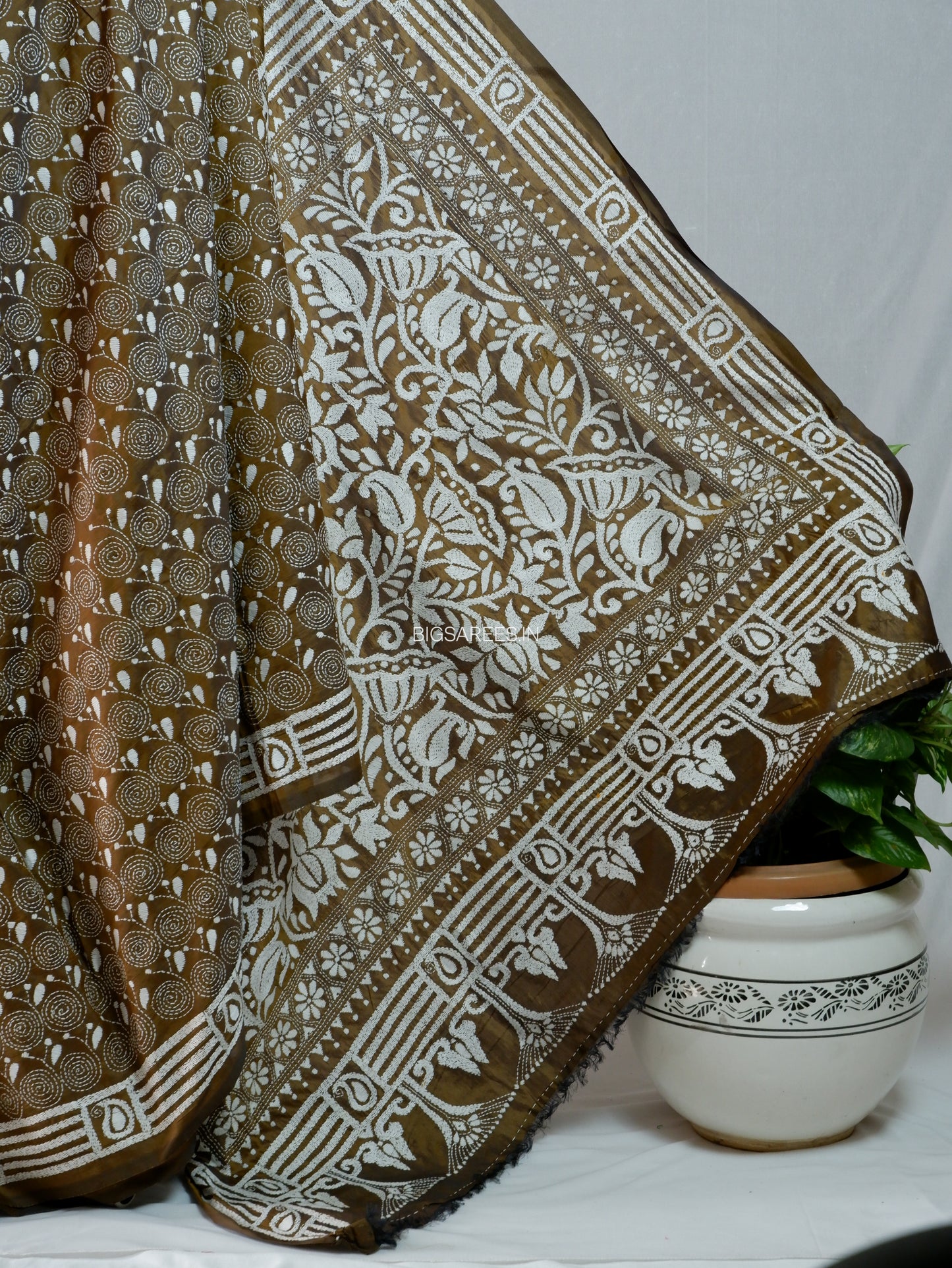 Kantha Stitch Hand Embroidered Saree | Blended Bangalore Silk/Art Silk | Bronze