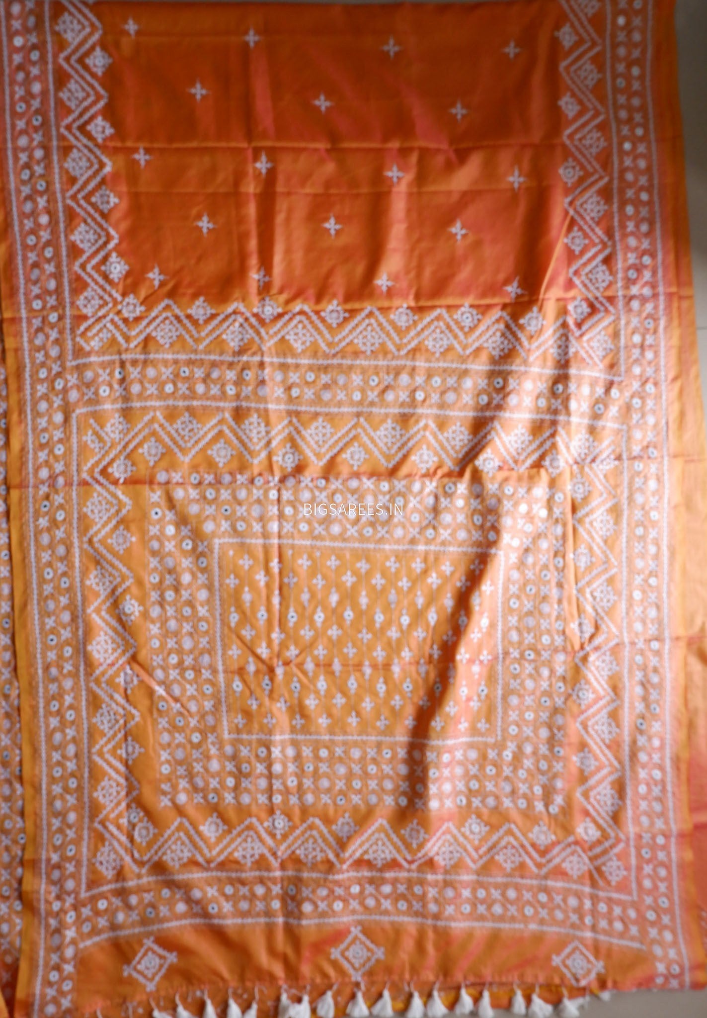 Kutchi/Gujarati Stitch Hand Embroidered Saree | Art Silk | Foil Mirror | Orange (Dual Tone)