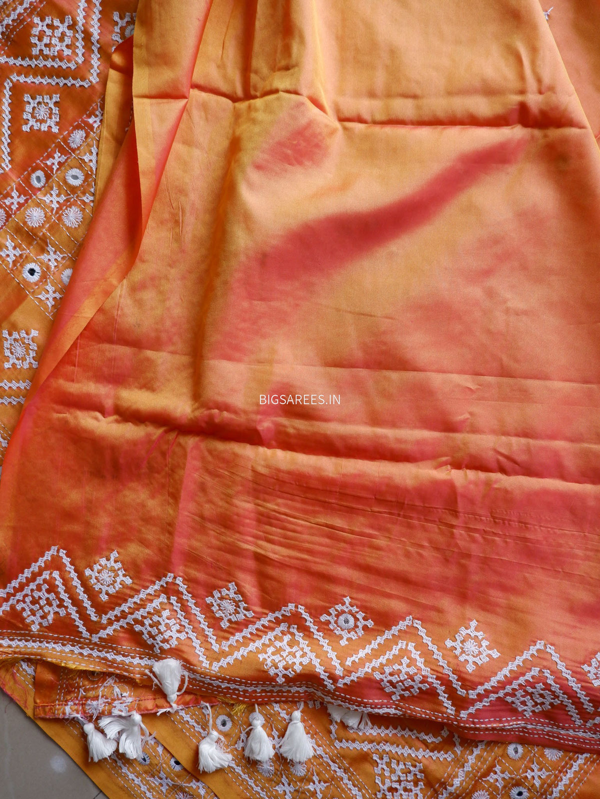 Kutchi/Gujarati Stitch Hand Embroidered Saree | Art Silk | Foil Mirror | Orange (Dual Tone)