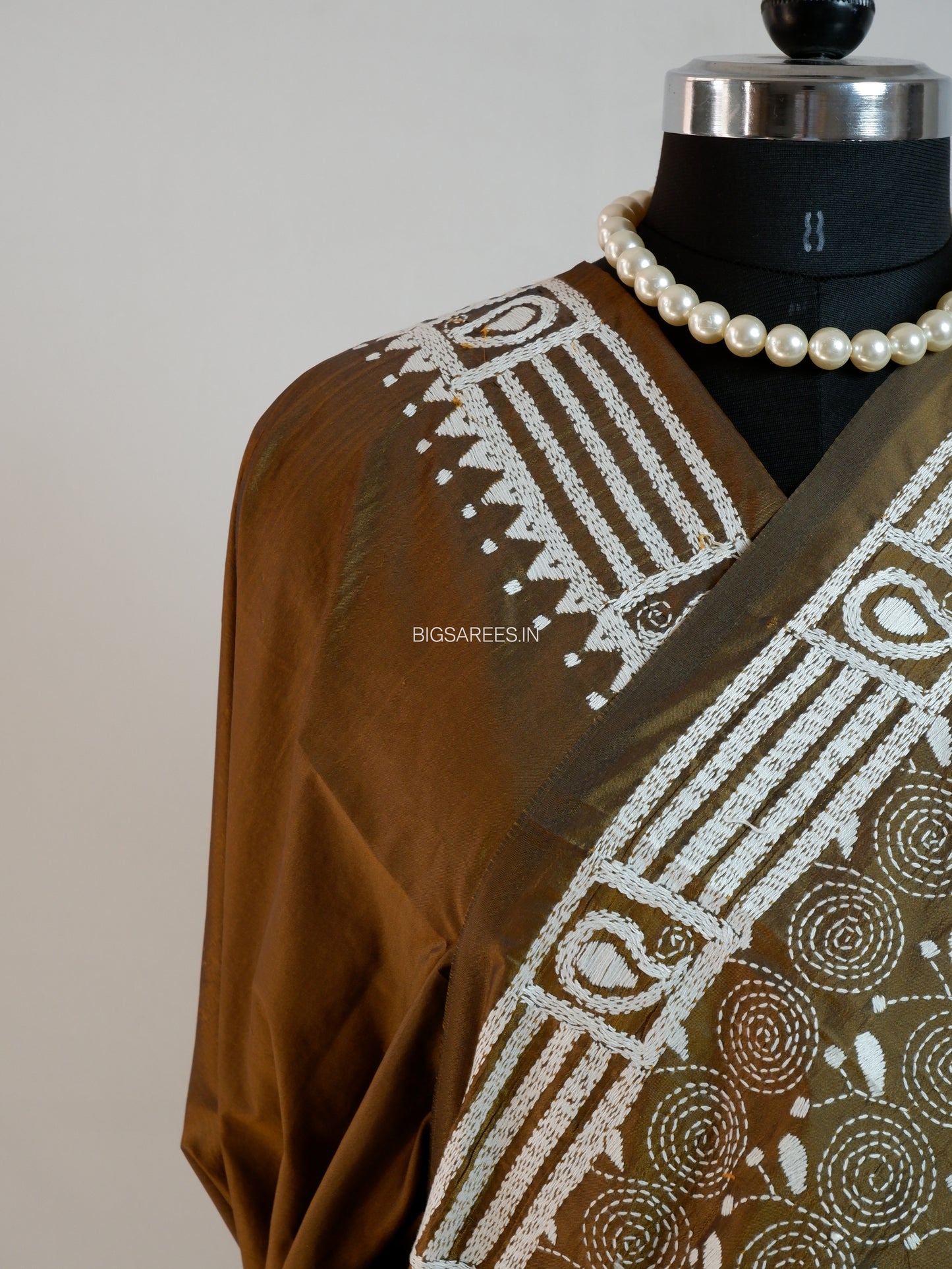 Kantha Stitch Hand Embroidered Saree | Blended Bangalore Silk/Art Silk | Bronze