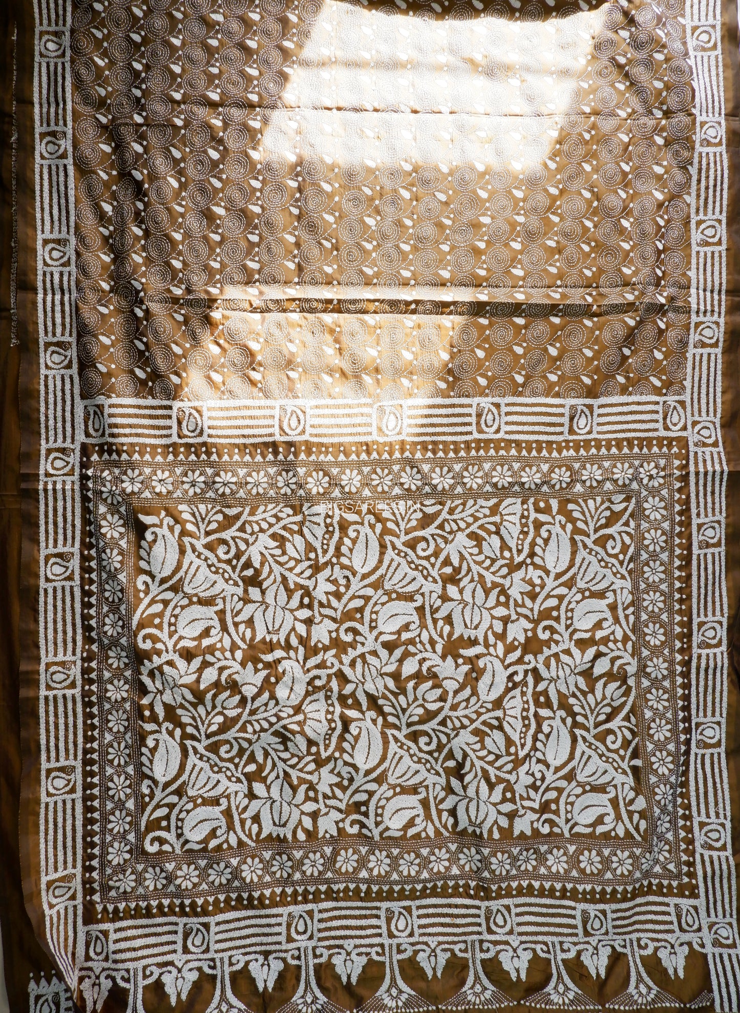 Kantha Stitch Hand Embroidered Saree | Blended Bangalore Silk/Art Silk | Bronze