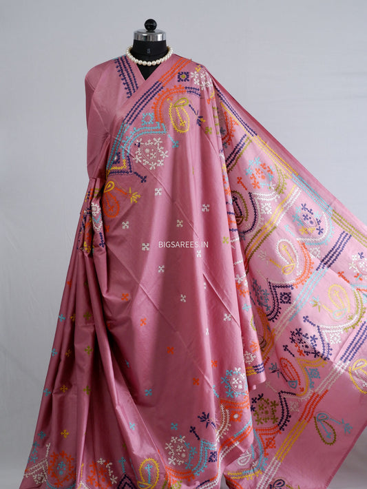 Kutchi/Gujarati Hand Embroidered Saree  | Blended Bangalore Silk / Art Silk | Muted Pink