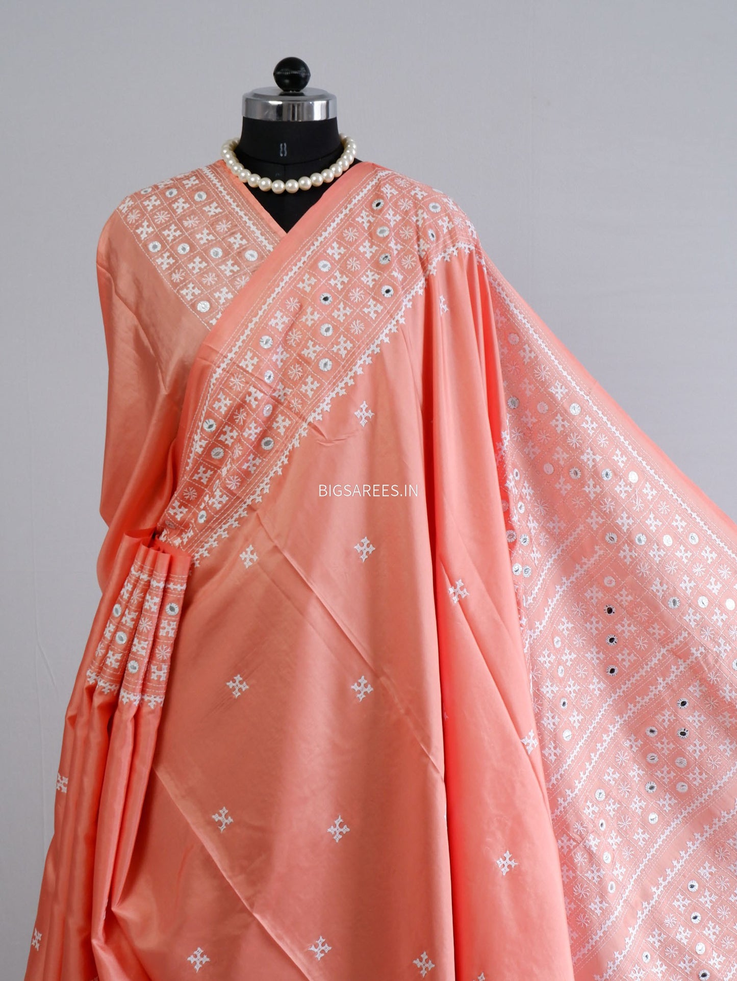Kutchi/Gujarati Stitch Hand Embroidered Saree | Art Silk | Foil Mirror | Light Peach